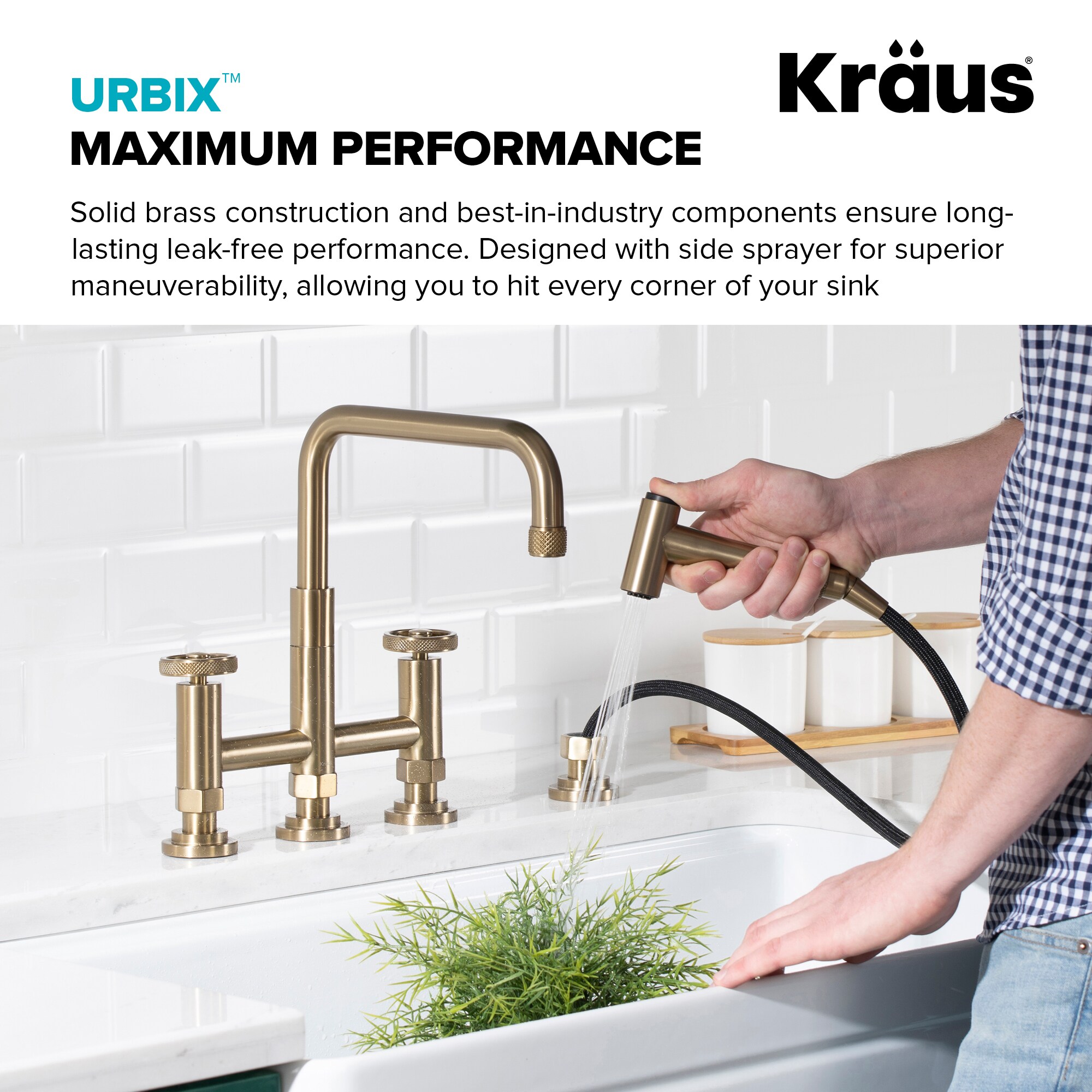Urbix Brushed Gold Stainless Steel Bridge Faucet with Side Sprayer