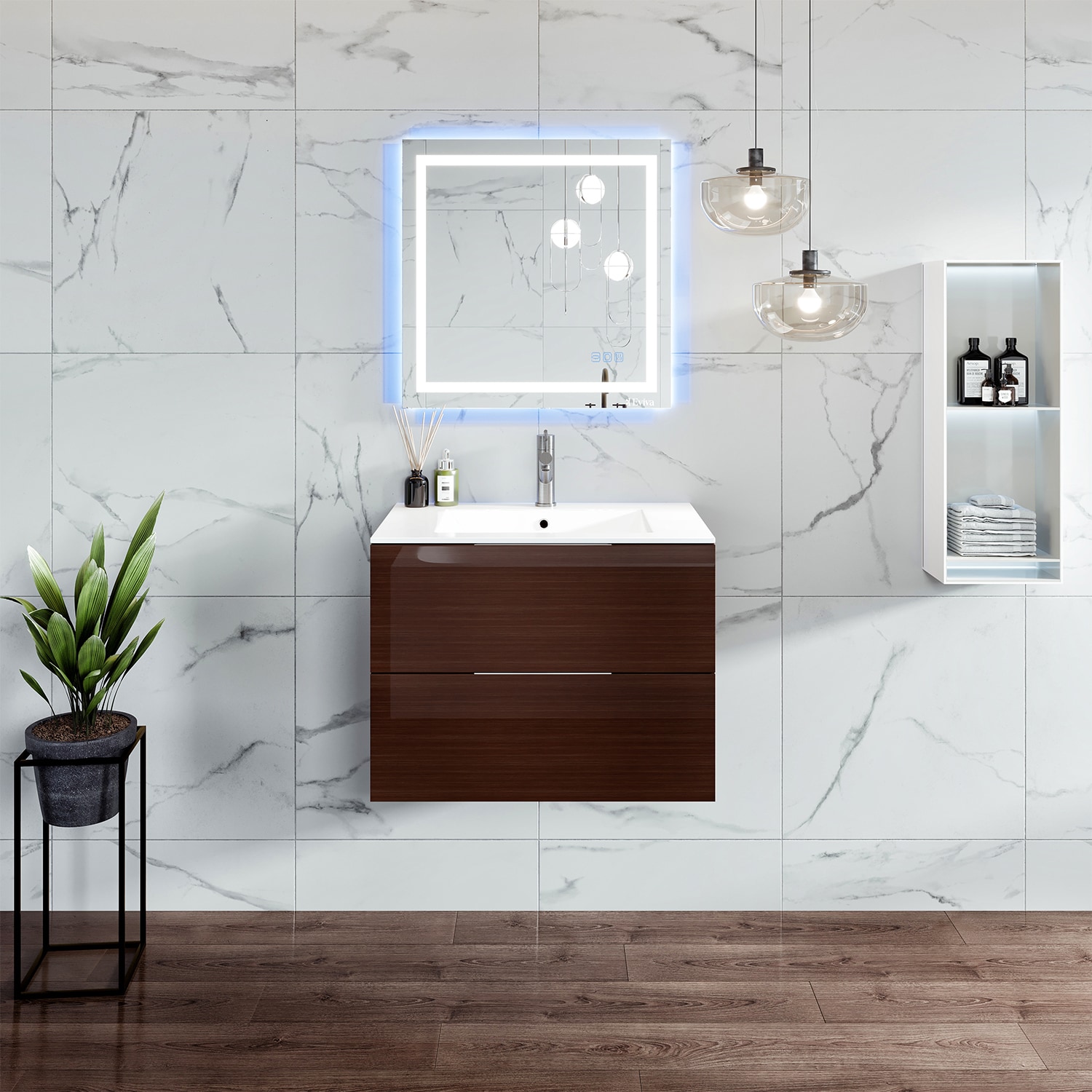 Eviva EVVN523-28WG Luna 28-in Wenge Single Sink Floating Bathroom Vanity with White Porcelain Top