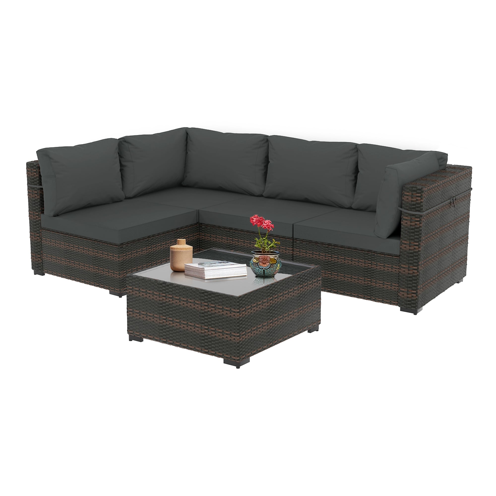 UPHA Wicker Patio conversation set 5 -Piece Wicker 4 Patio Sofa Conversation Set with Gray Cushions