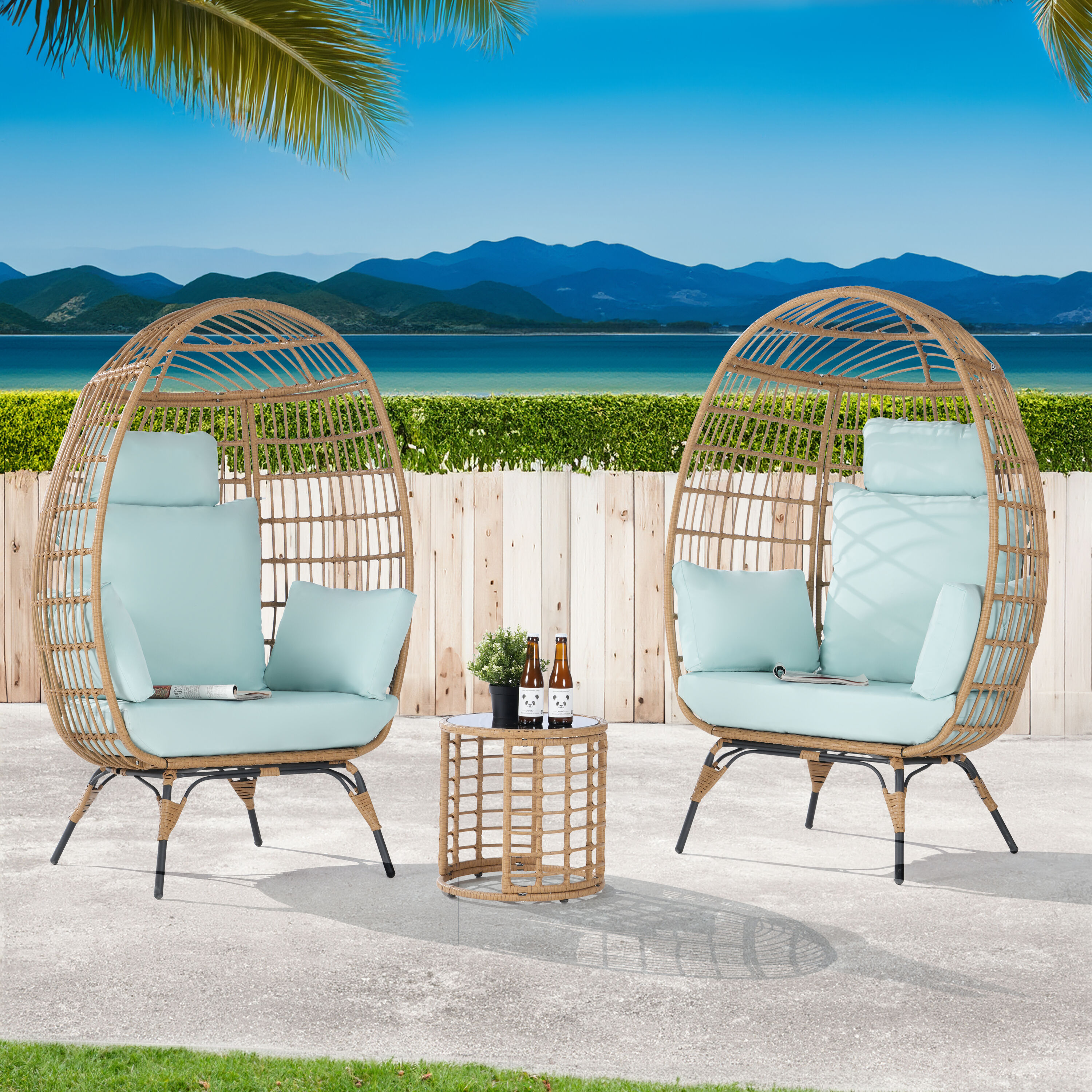 SANSTAR L-JDC54TF-3P 3 -Piece Wicker Patio Conversation Set with Blue Cushions
