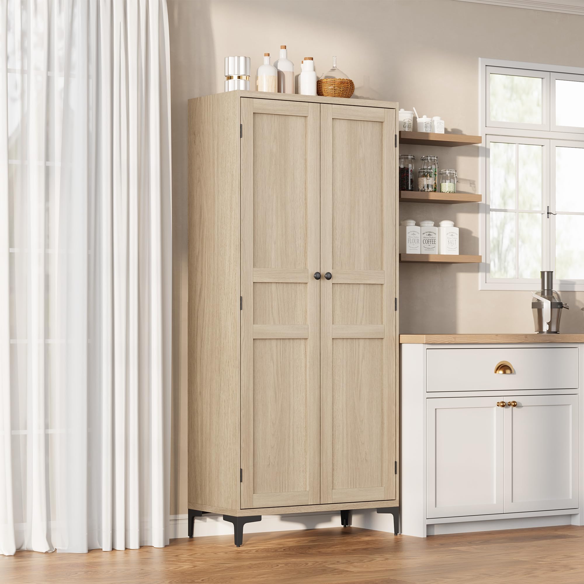 GarveeLife 63-in Tall Kitchen Pantry Cabinet with 2 Wood Doors and Adjustable Shelves 5 Tier Freestanding Storage Cupboard