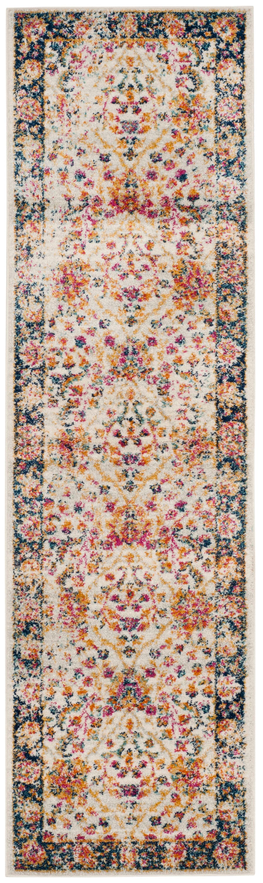 Cream and Navy Floral Motif Runner Rug