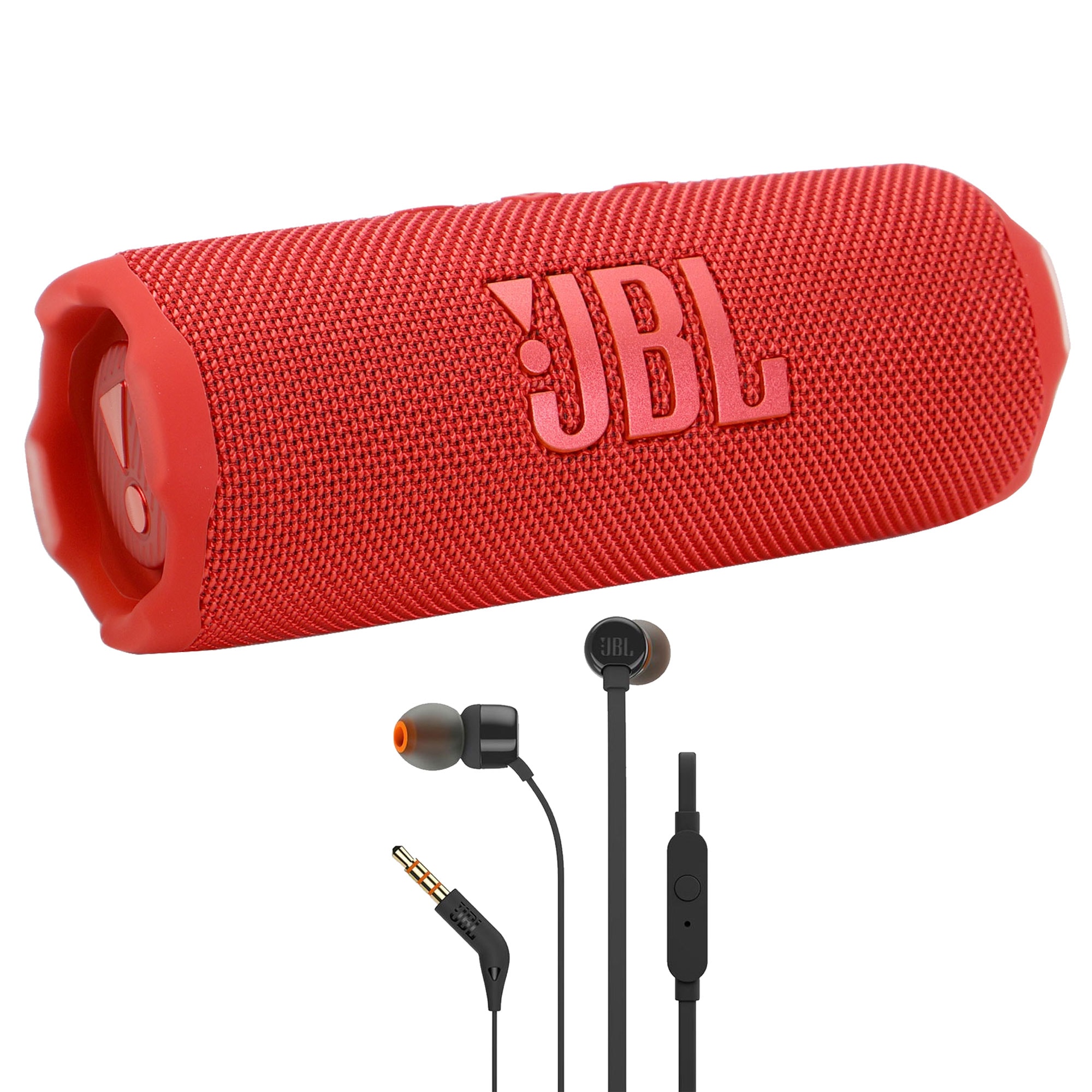 JBL  Flip 7 Portable Waterproof Bluetooth Speaker Red  T110 in Ear Headphones Black