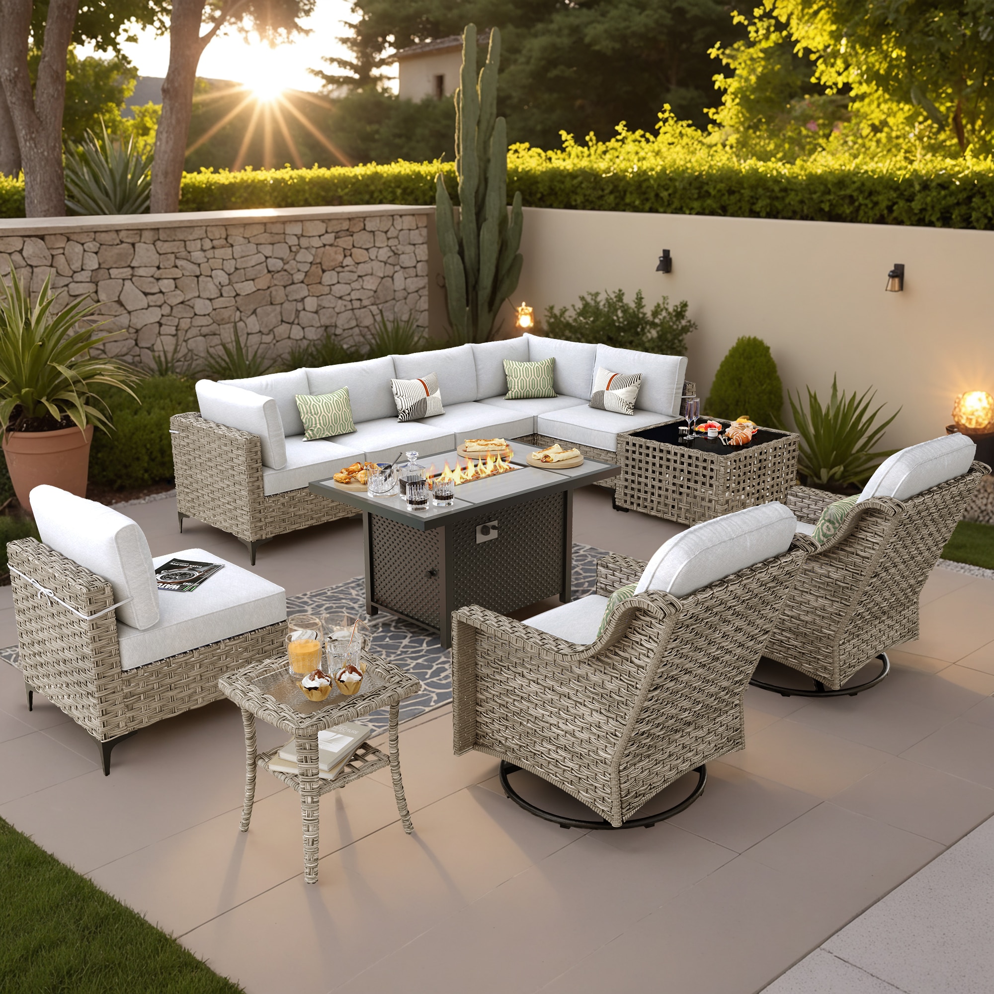 Ovios 11 -Piece Wicker Patio Conversation Set with Light Gray Cushions