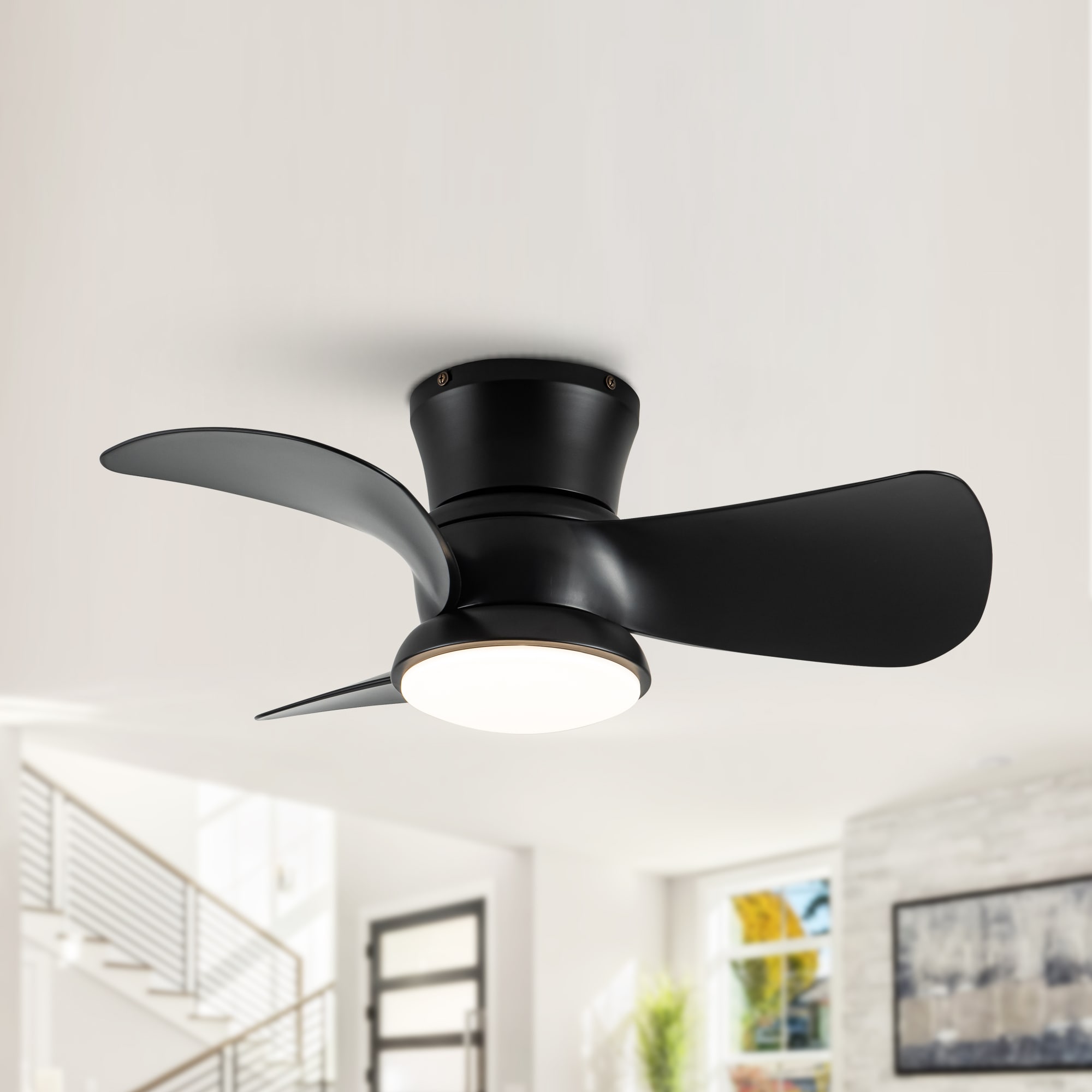 Parrot Uncle F6372BK110V 31-in Color-Changing Integrated LED Flush Mount Matte Black with Black Blades Ceiling Fan With Light - Remote Included ( 3 -Blade )