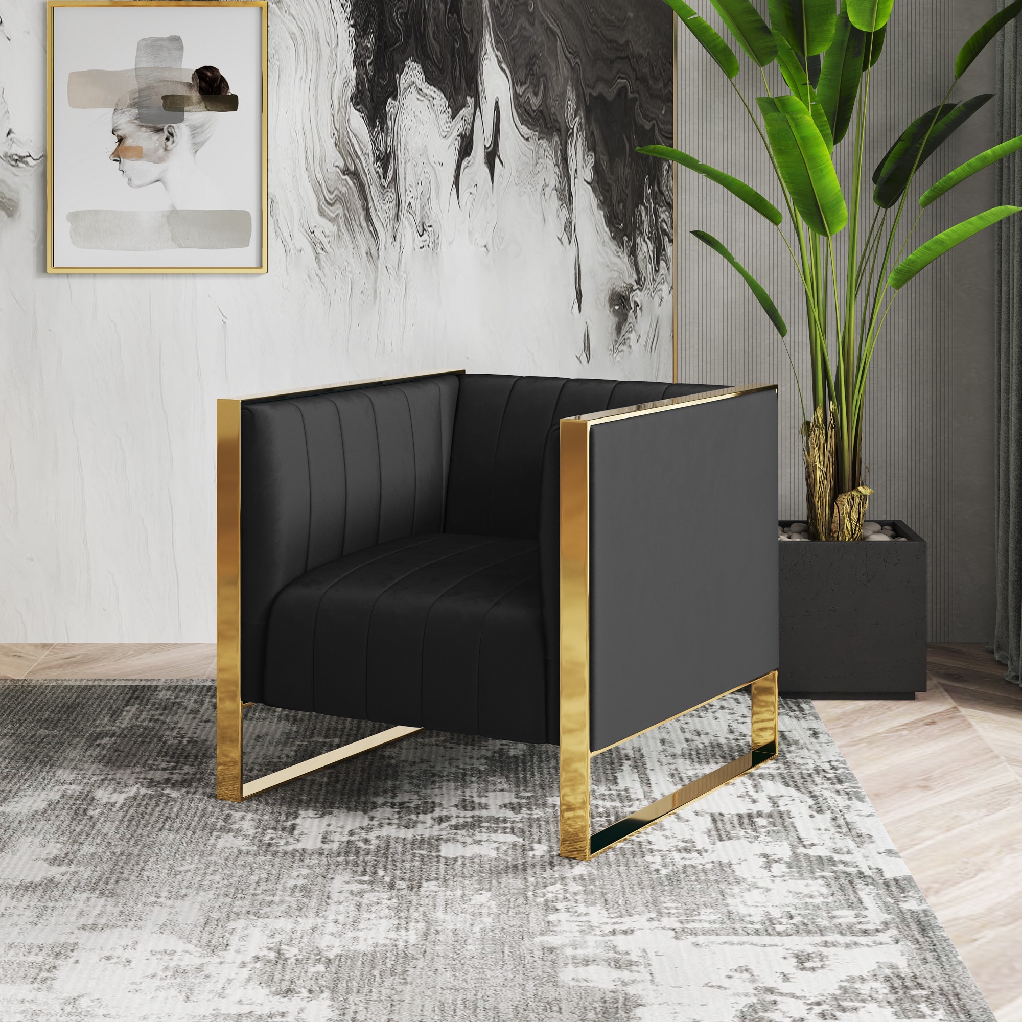 Manhattan Comfort AC055-BK Trillium Modern Black and Gold Velvet Accent Chair