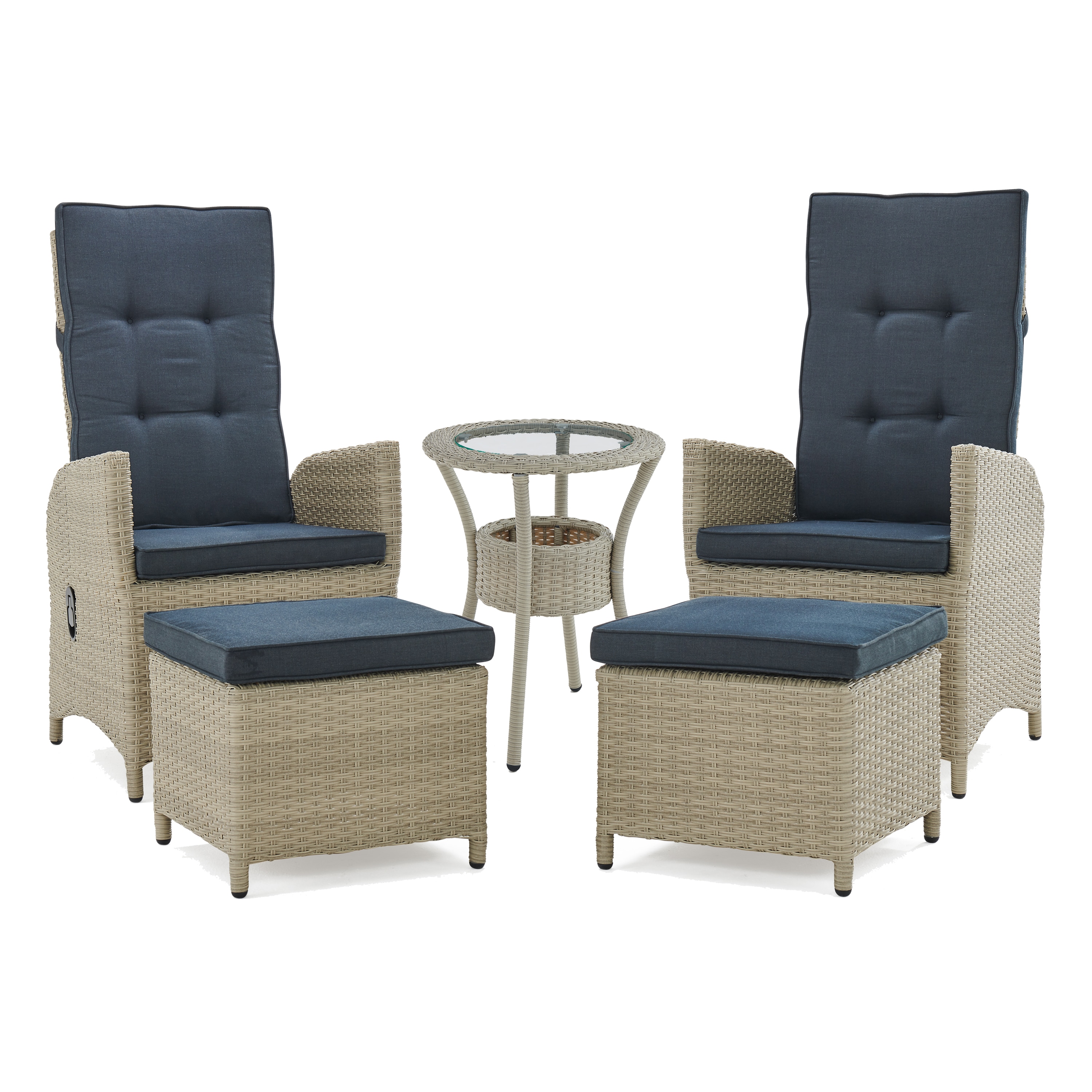Haven 5-Piece Gray Wicker Recliner Set with Blue Cushions