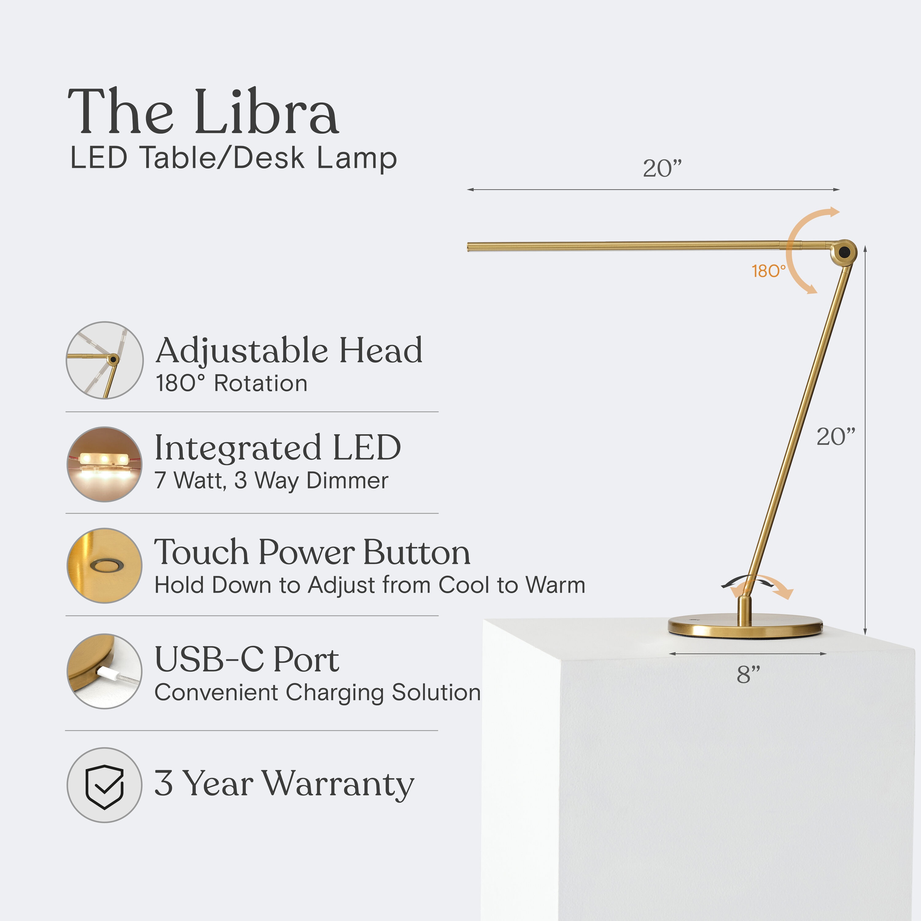 Brass Adjustable Touch Sensor LED Desk Lamp