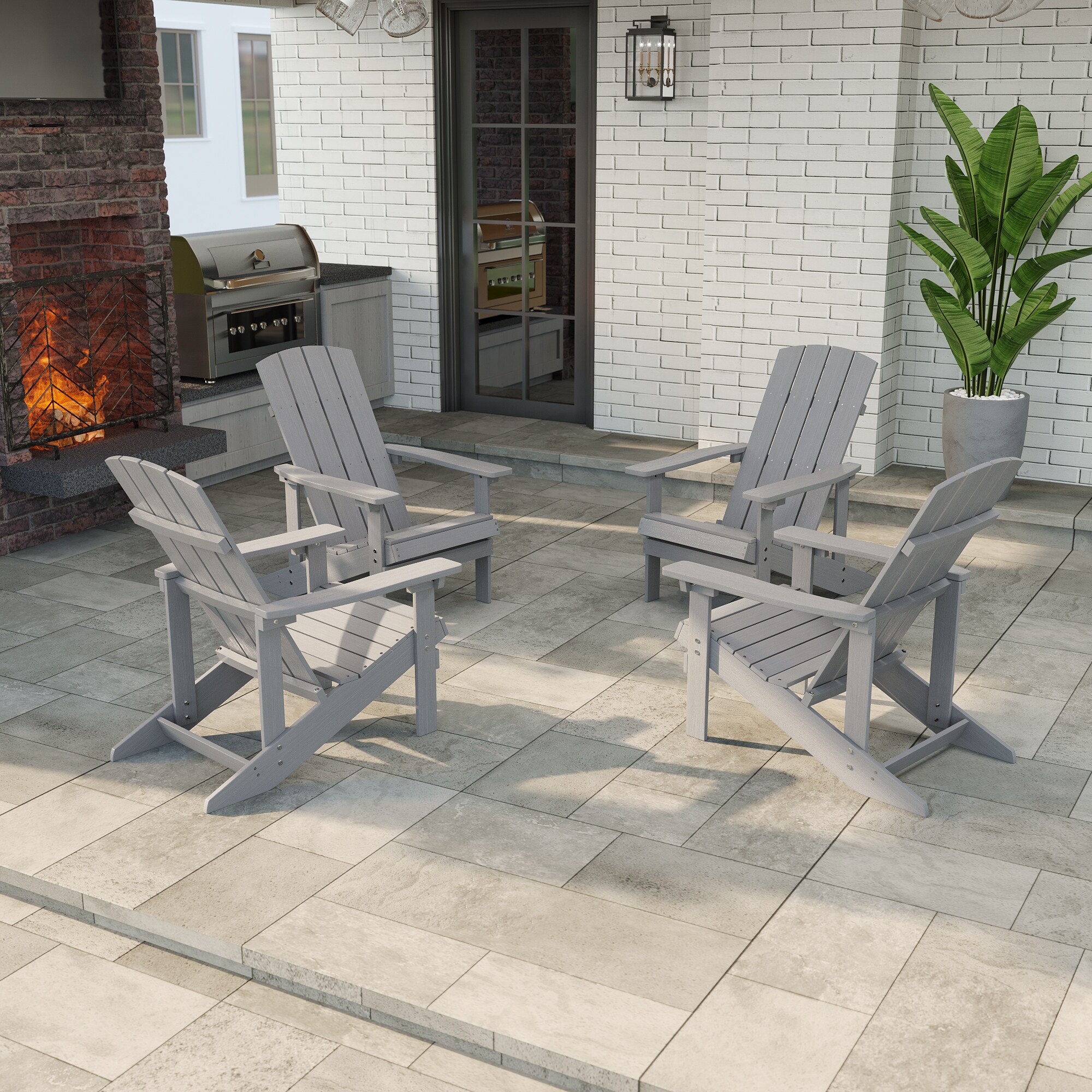 Sonkuki Patio Chair Set of 4 Light Gray Plastic Frame Stationary Adirondack Chair with Slat Seat