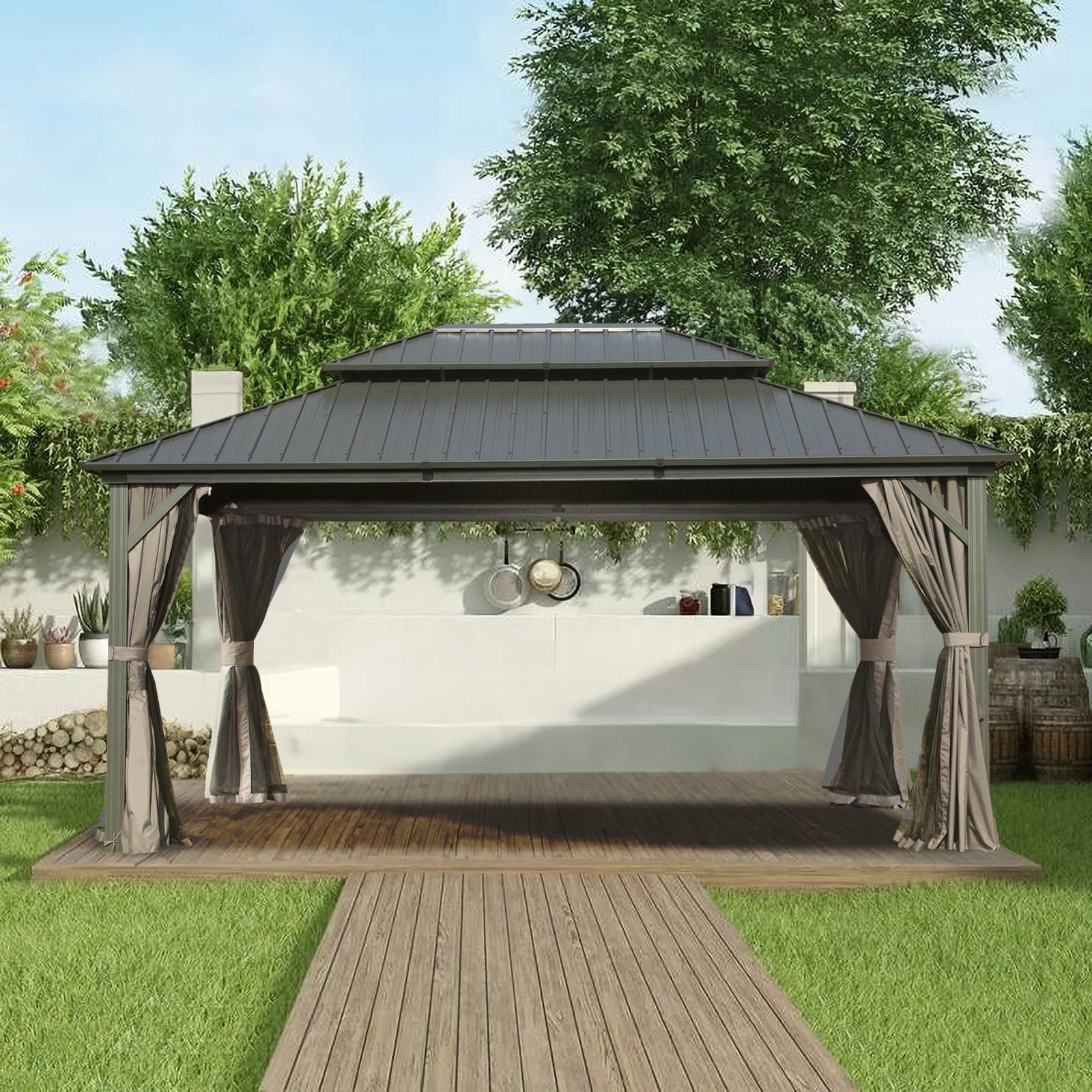 16x12 Gray Aluminum Hardtop Gazebo with Curtains and Netting
