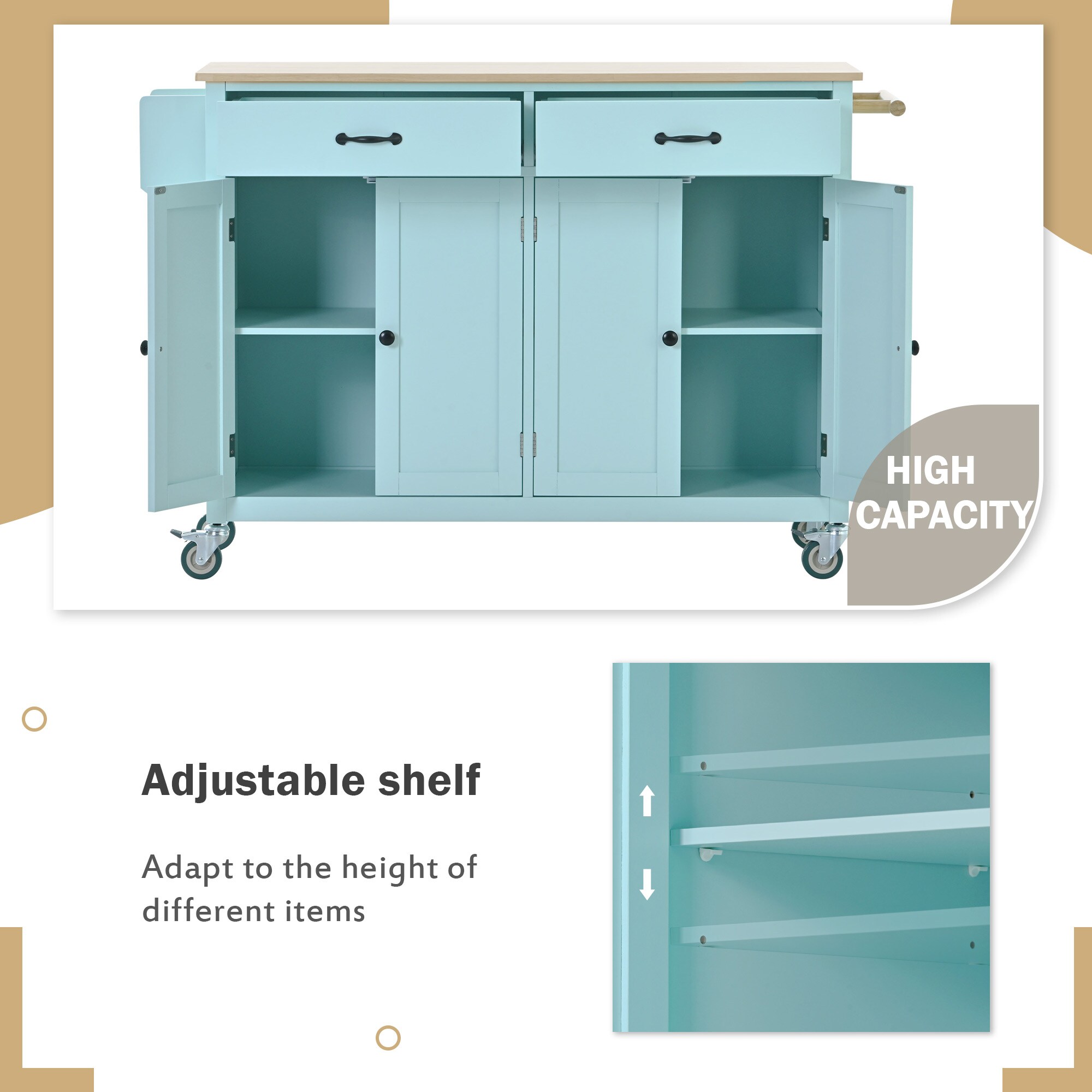 Miki Shinly Blue Mdf Base with Mdf Wood Top Rolling Kitchen Island (18.5-in x 54.33-in x 36.22-in)