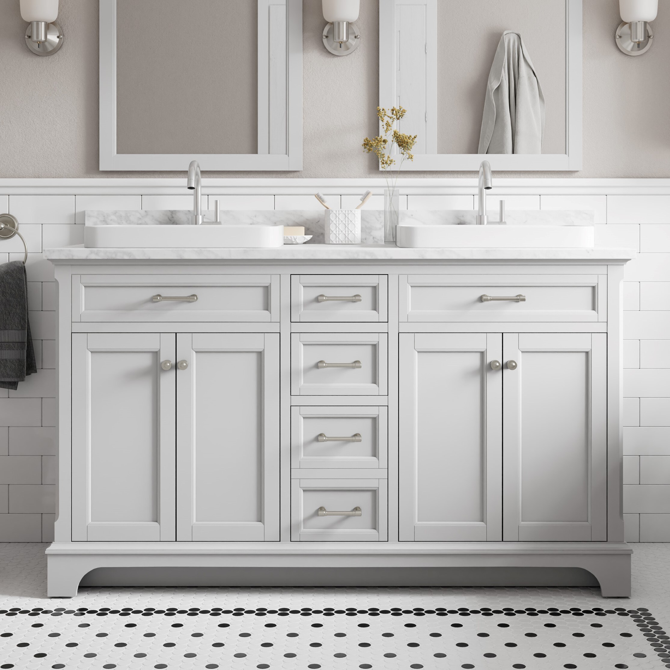Roveland 60-in Light Gray Semi-recessed Double Sink Bathroom Vanity with Natural Carrara Marble Top | - allen + roth 2026VA-60-242-900-SR