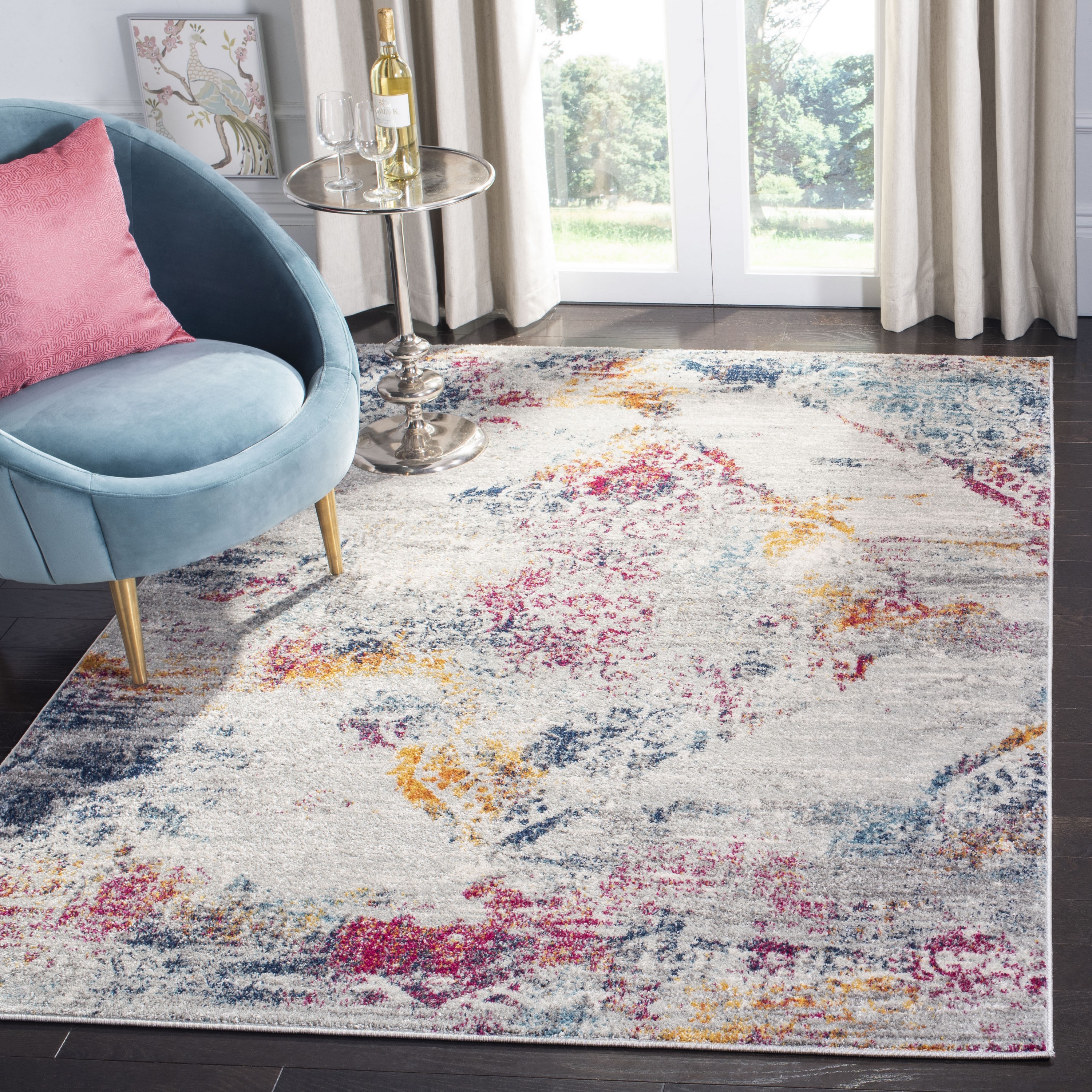 Safavieh MAD157R-7SQ Madison Sherat 7 x 7 (ft) Loomed Polypropylene Light Gray/Fuchsia Square Indoor Distressed/Overdyed Bohemian/Eclectic Area rug