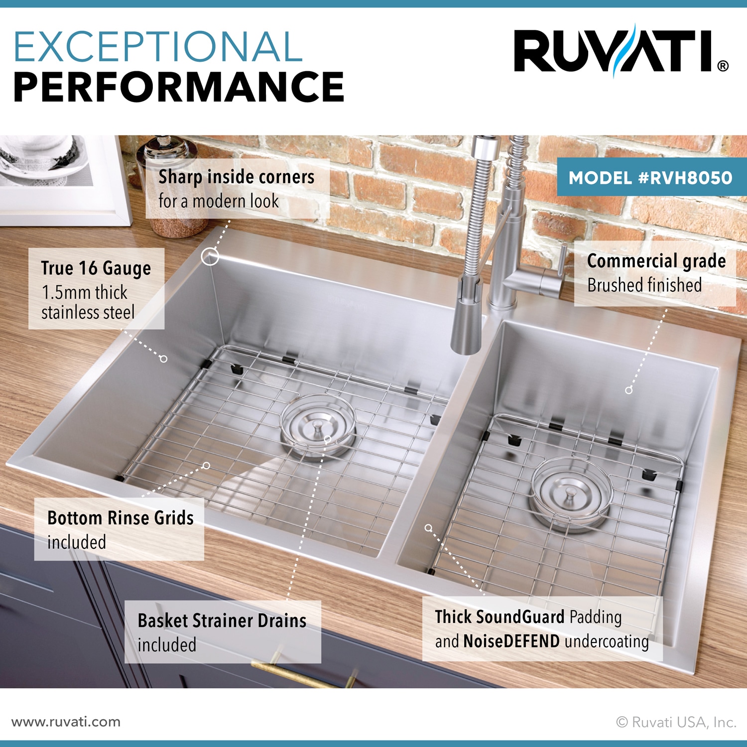 Ruvati Kitchen Sinks Drop-In 33-in x 22-in Brushed Stainless Steel ...