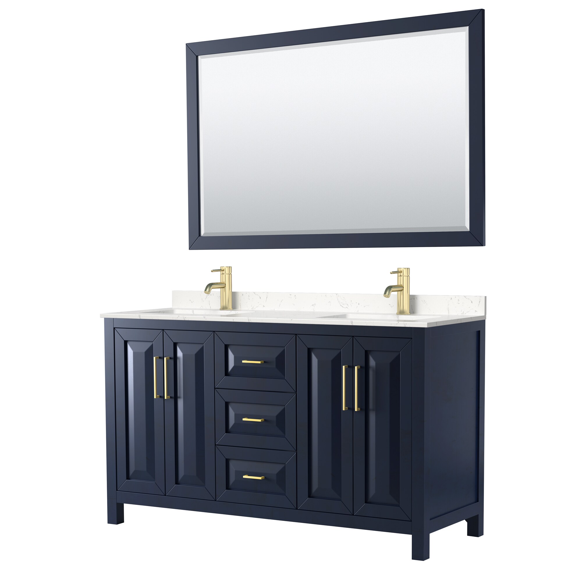 Wyndham Collection WCV252560DBLC2UNSM58 Daria 60-in Dark Blue with Brushed Gold Trim Undermount Double sink Bathroom Vanity with Carrara Cultured Marble Cultured marble Top (Mirror Included)
