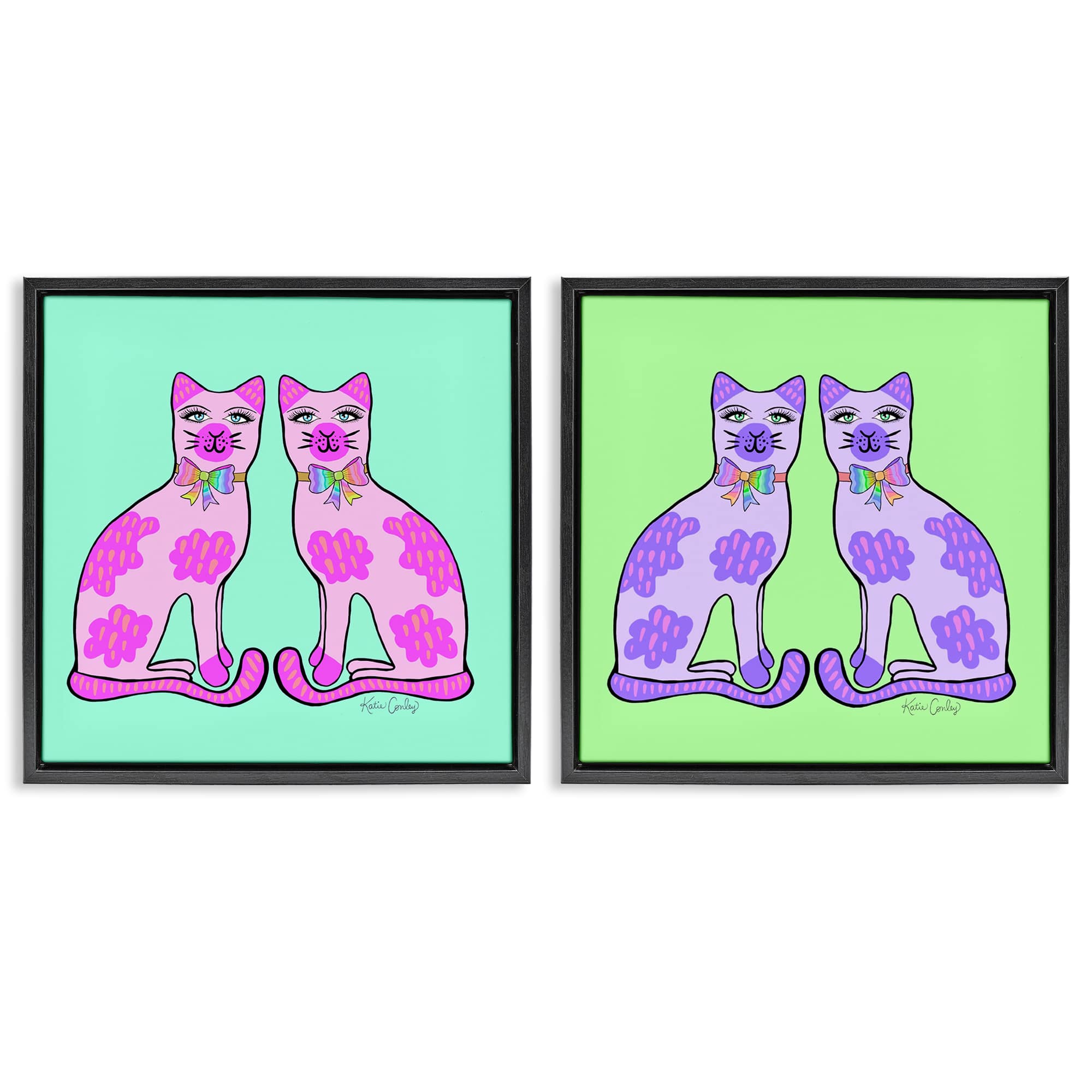 Stupell Industries B2-794-FFB-2PC-24X24 Bright Purple Cat Pairs 2pc Floating Frame Set design by Katie Conley