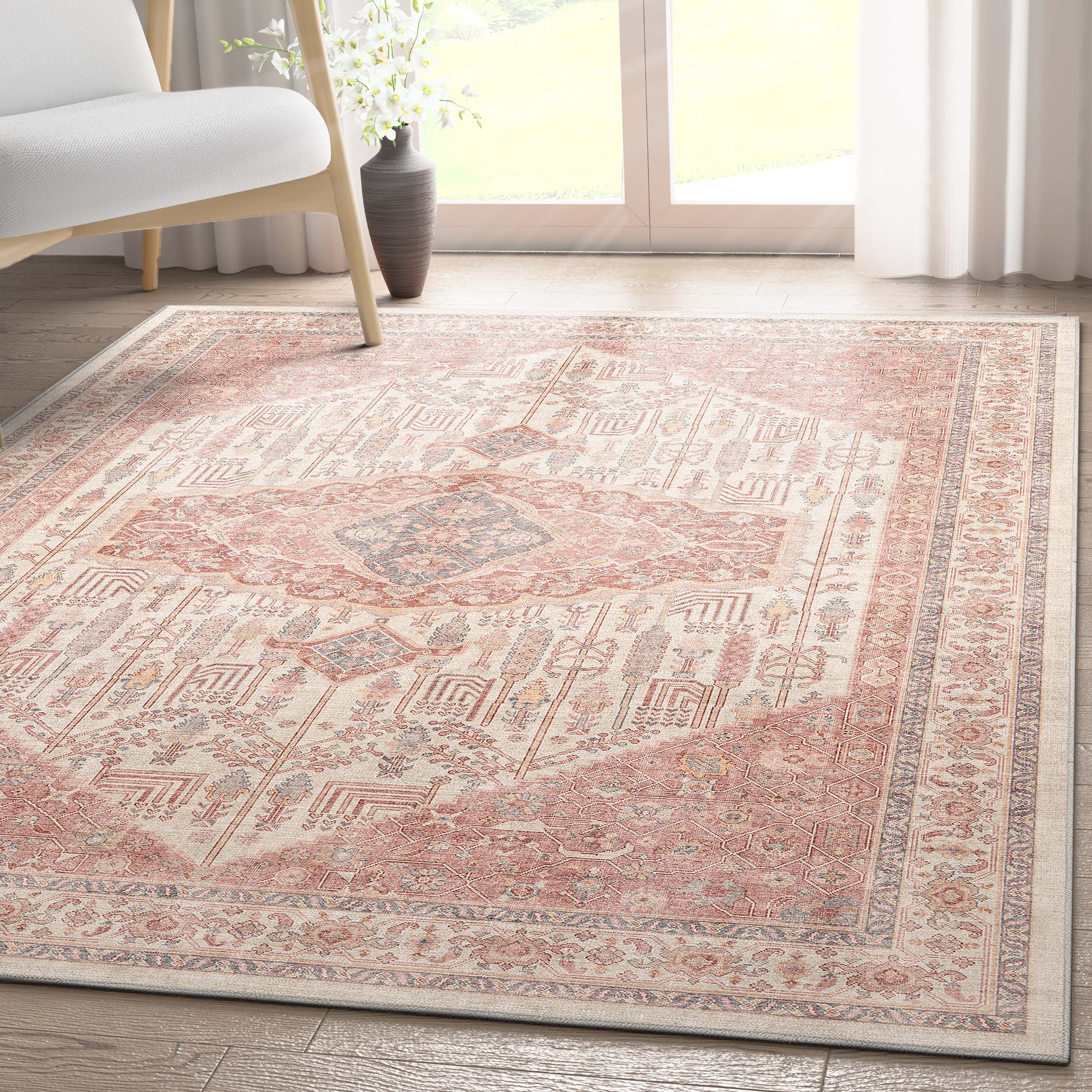 Well Woven W-AP-24B-5 Apollo 5 x 7 (ft) Flatweave Polyester Beige Coral Rectangular Indoor Floral/Botanical Vintage Area rug