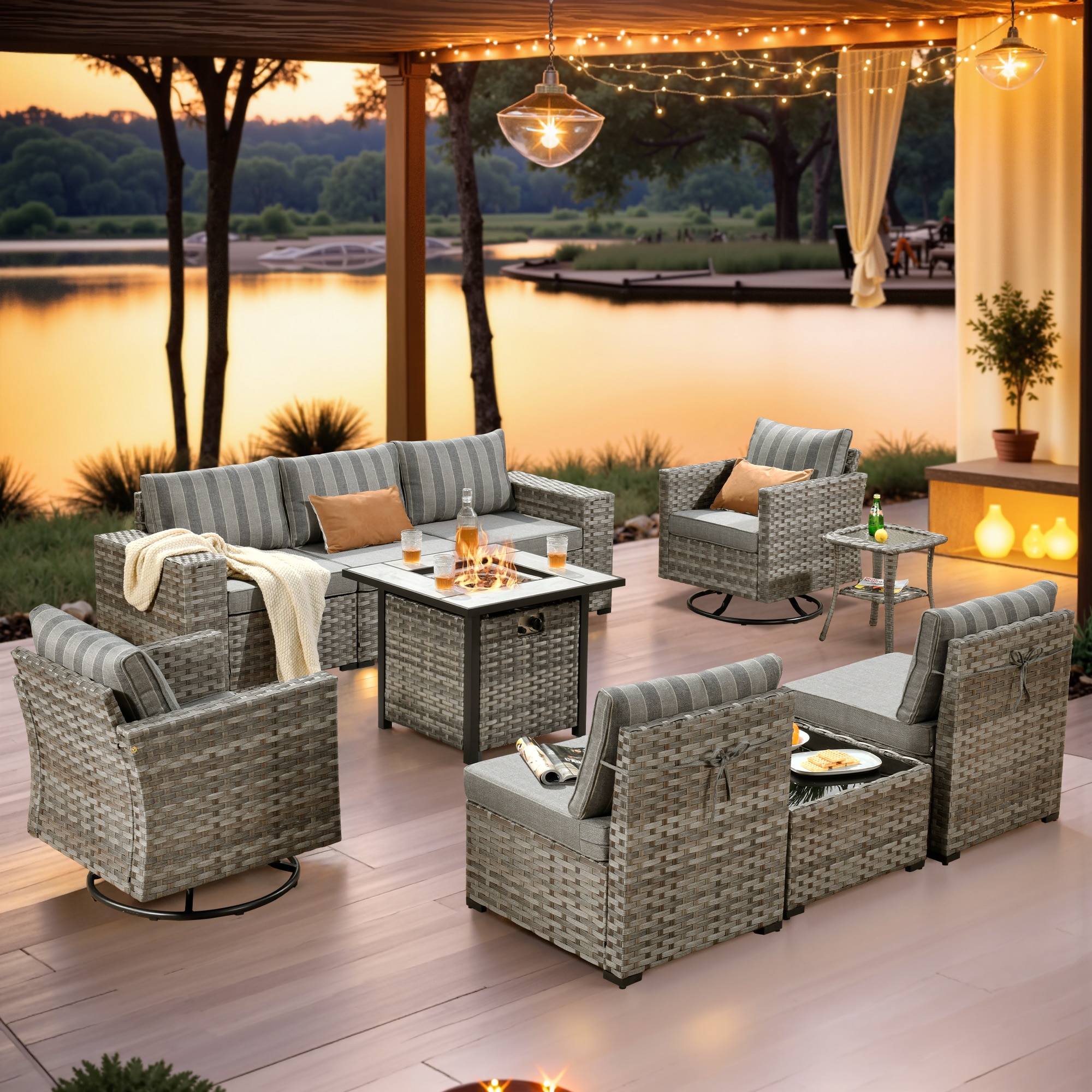 Ovios FPKFS2TY 10 -Piece Wicker Patio Conversation Set with Gray Cushions