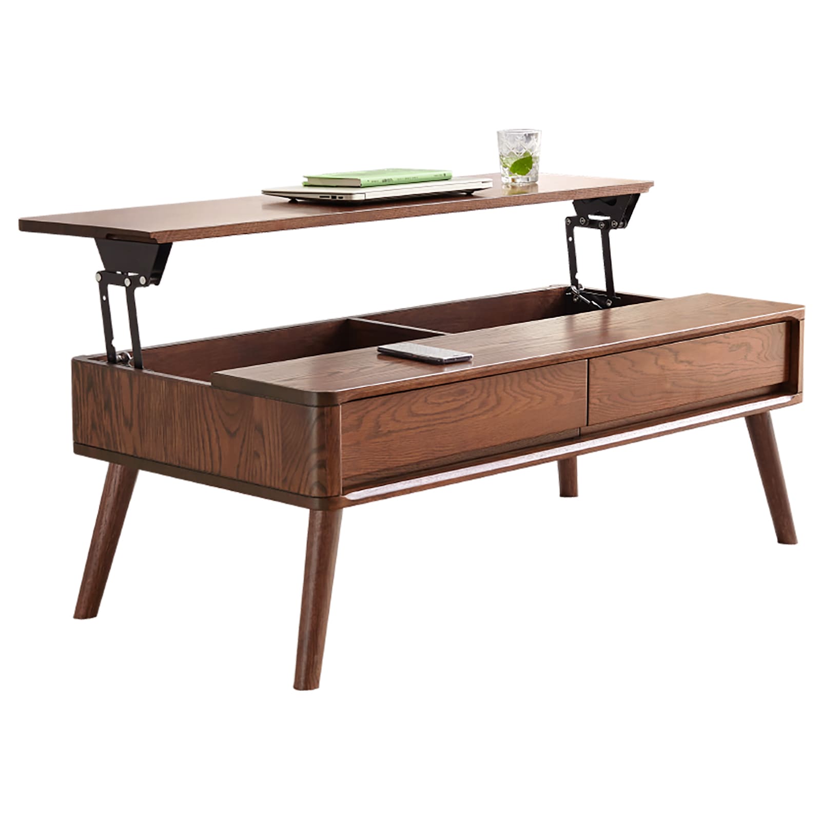 LOVMOR SF-M-W1283P251641 Elevating Center Table Low Table 100 Solid Oak Wood Top Plate Desk Coffee Table Width 120 x Depth 65 x Height 45 cm Study Desk Work From Home Easy To Assemble Walnut Color Wood With Storage Shelf