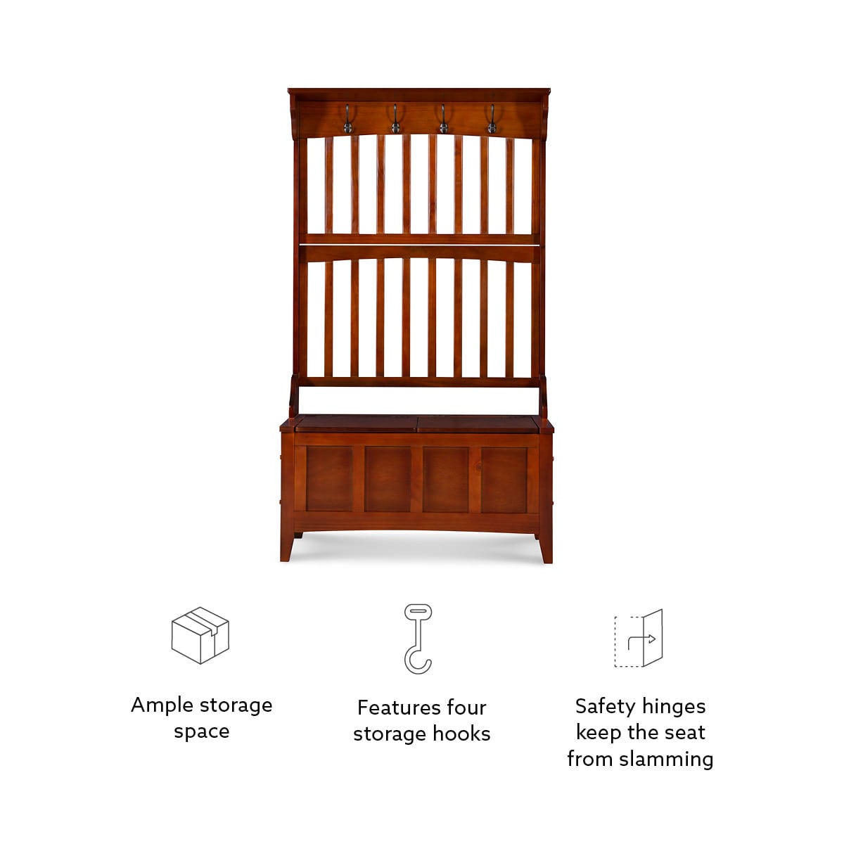 Walnut Finish Split-Seat Storage Hall Tree with Double Hooks