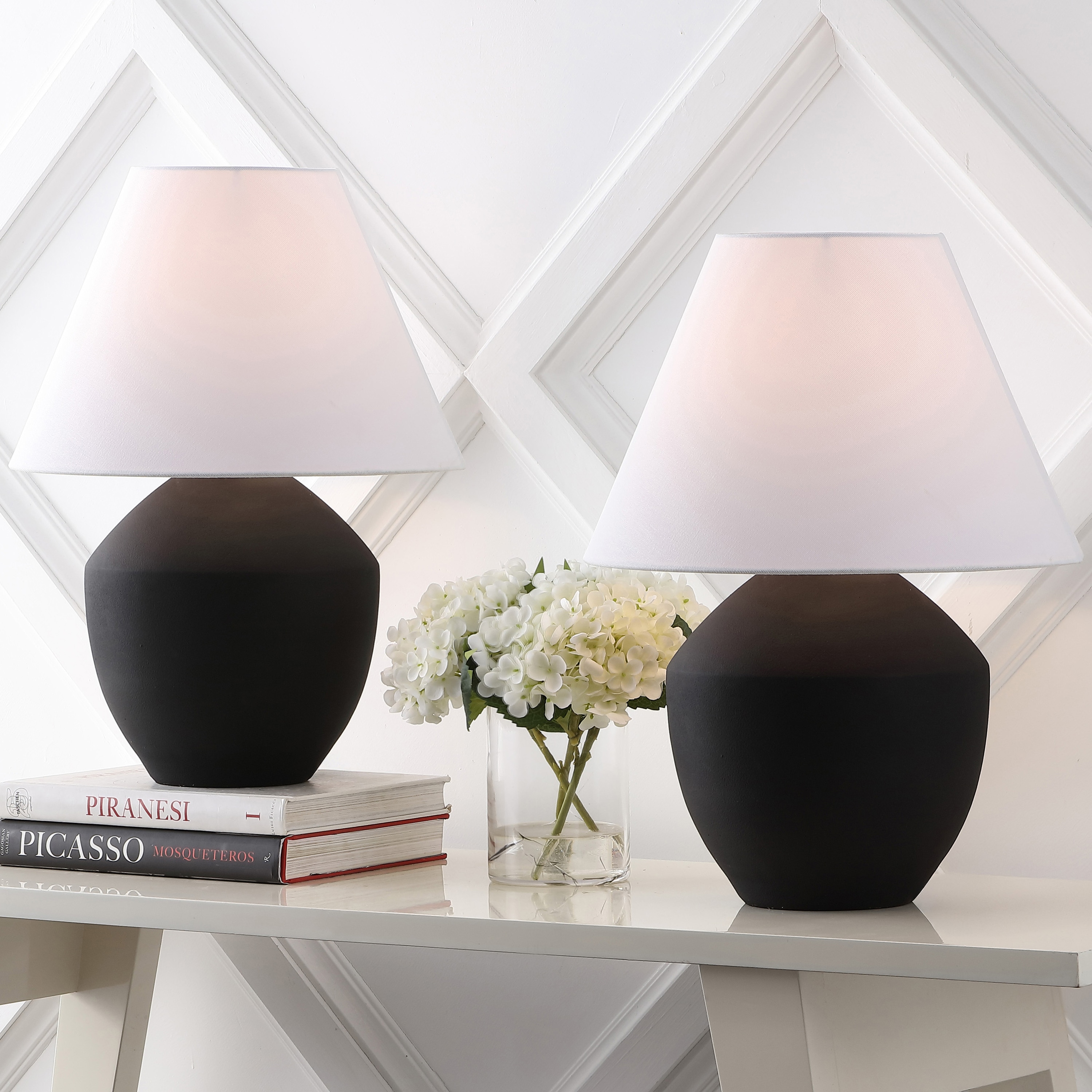 JONATHAN  Y JYL5604A-SET2 Ralf Minimalist Scandinavian Resin/Iron 20.5-in Matte Black LED Rotary socket Table Lamp with Linen Shade 2 -Set