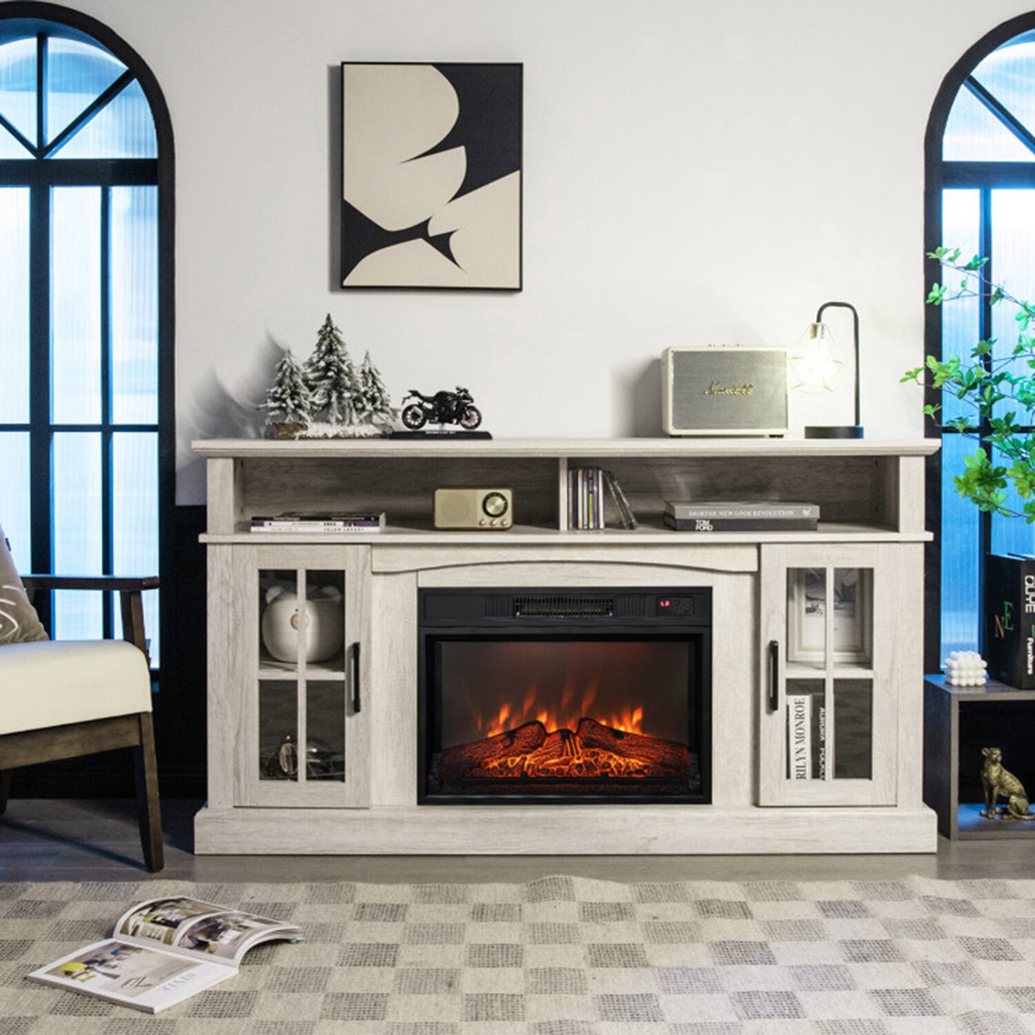Clihome CL-FP10106GR 58-Inches W Gray TV Stand with Fan-forced Corner Electric Fireplace with Remote Control Included