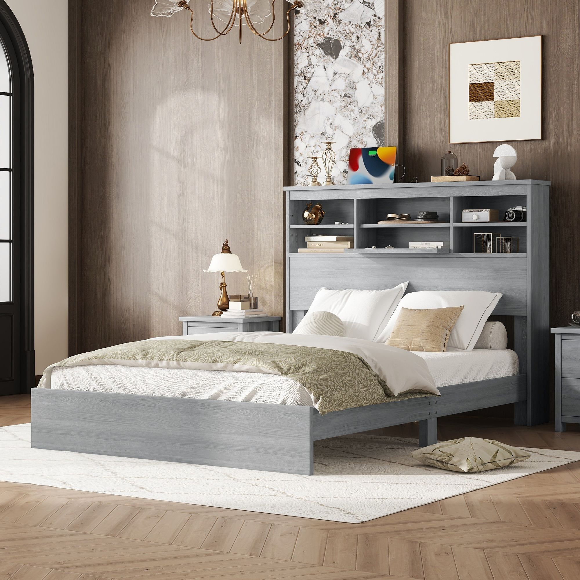 Yiekholo Queen Light Gray Wood Bed Frame Storage with Headboard in the ...