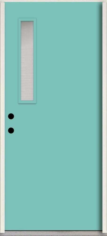 RELIABILT LO1063803 Spotlights 32-in x 80-in x 4-5/8-in Fiberglass 1/4 lite Right-hand inswing Caribbean Blue Paint Painted Prehung Front Door Insulating core