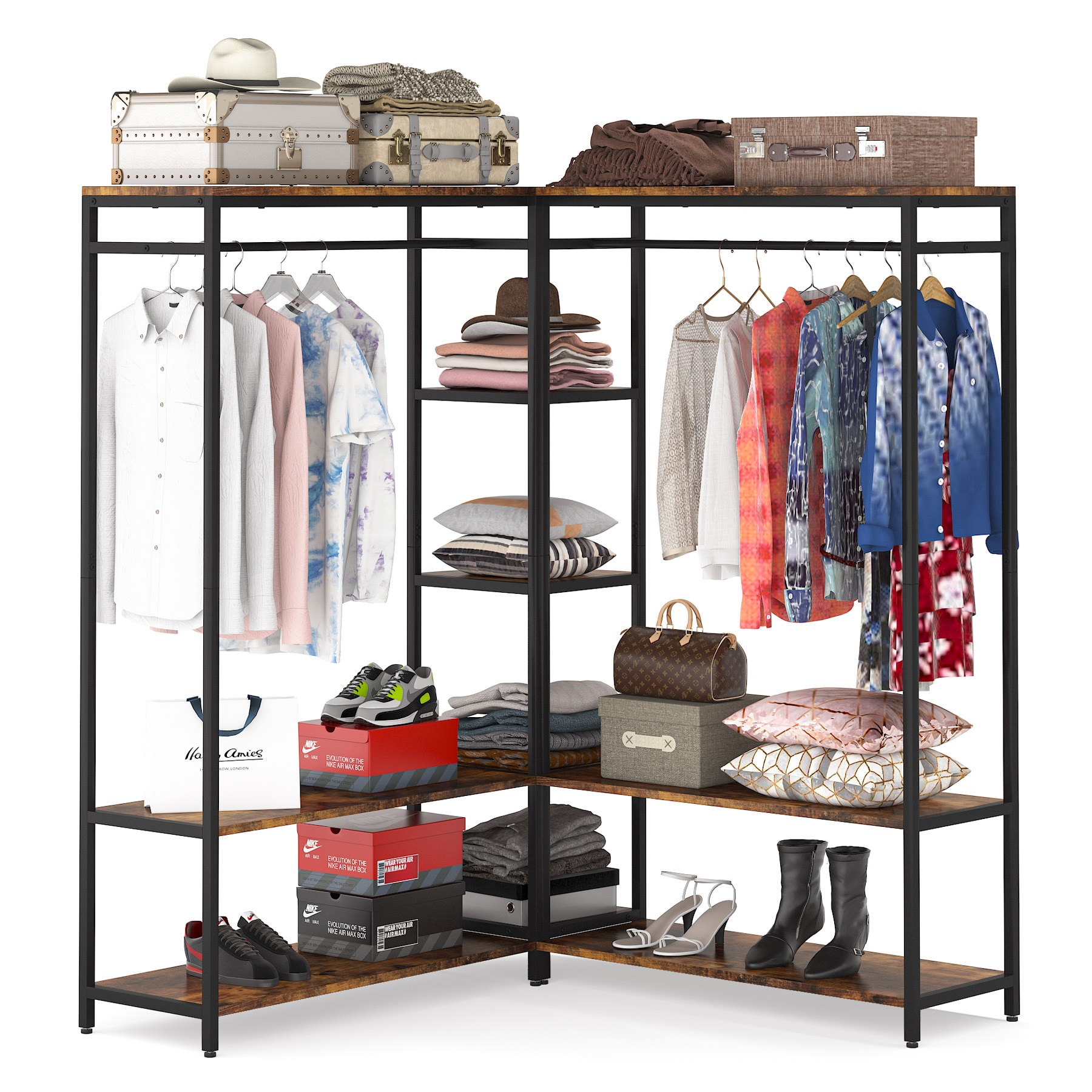 Heavy Duty L Shape Clothes Rack,Freestanding Corner Closet Organizer,Large Garment Rack with Storage Shelves and Hanging Rods - Rustic Brown+Black