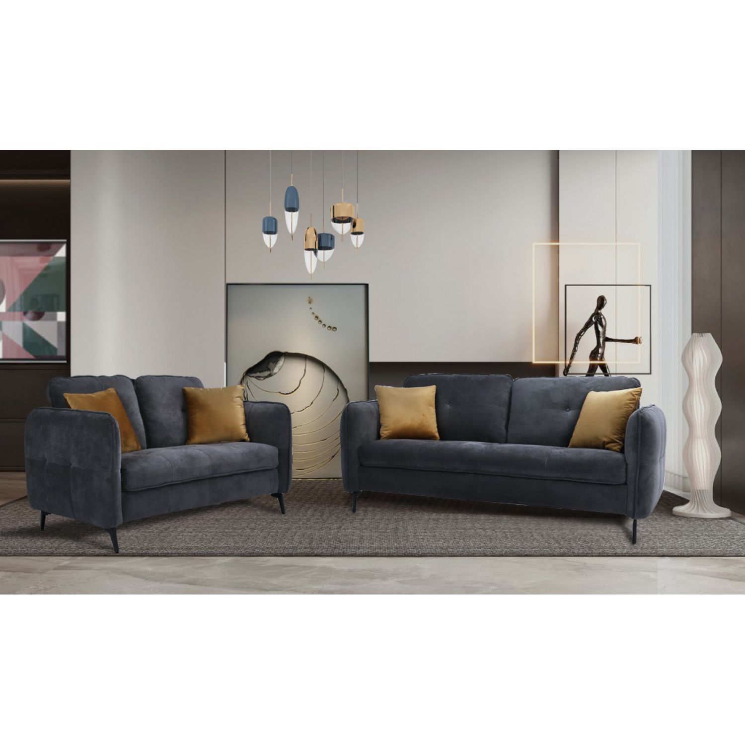 JASMODER W223S01559 2Pcs Living Room Set Dark Grey Fabric
