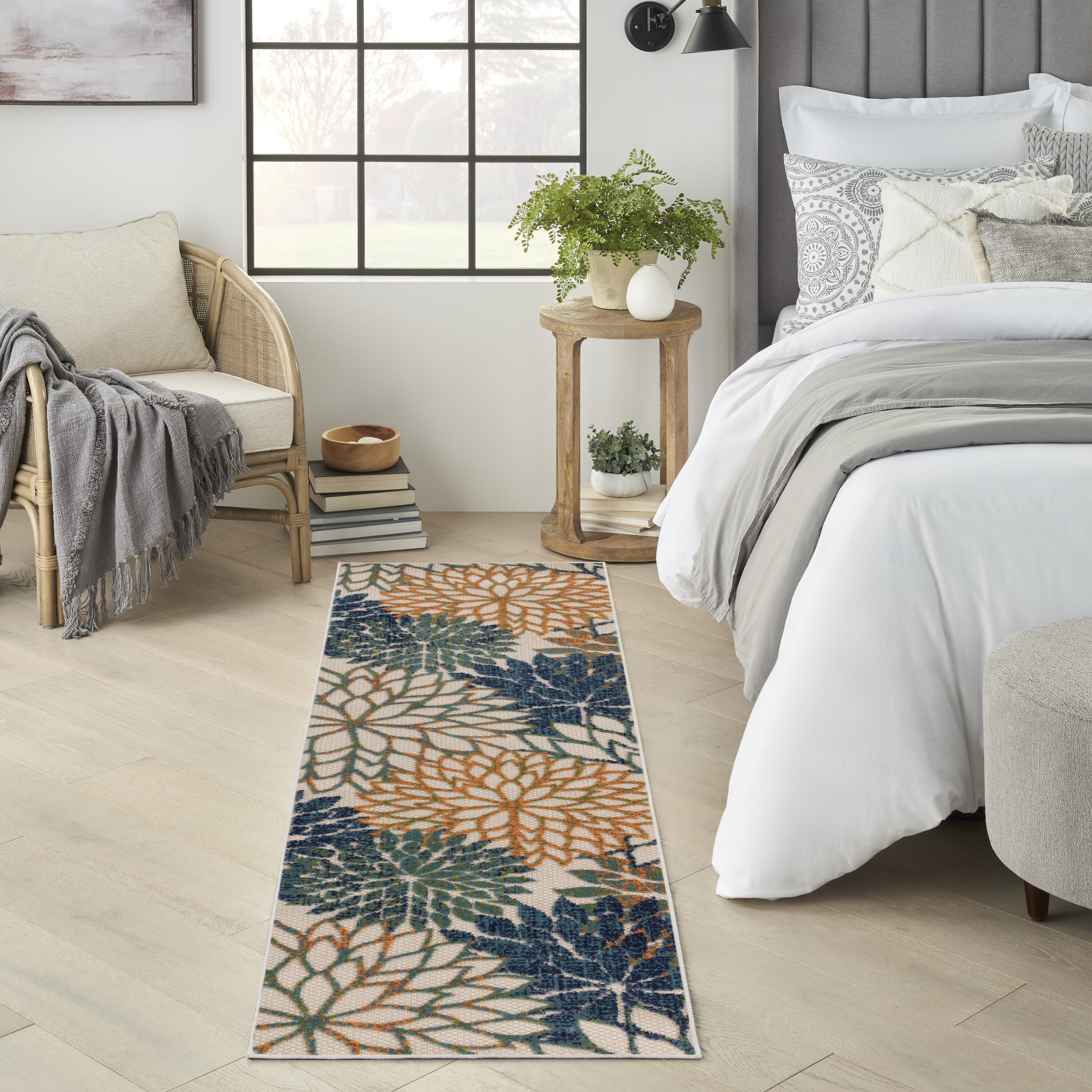 Nourison Home 099446952288 2 x 8 (ft) Loomed Polypropylene Blue Green Rectangular Indoor/Outdoor Floral/Botanical Tropical Runner rug