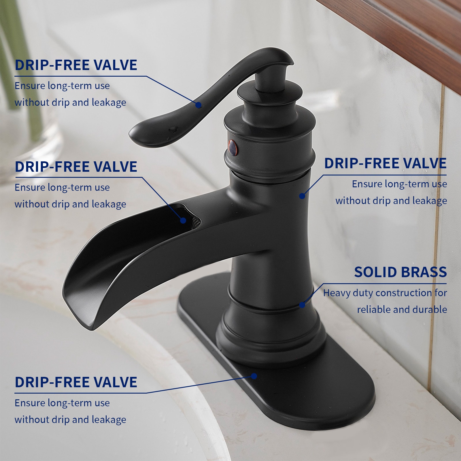 Matte Black Single-Handle Waterfall Bathroom Faucet with Deck Plate