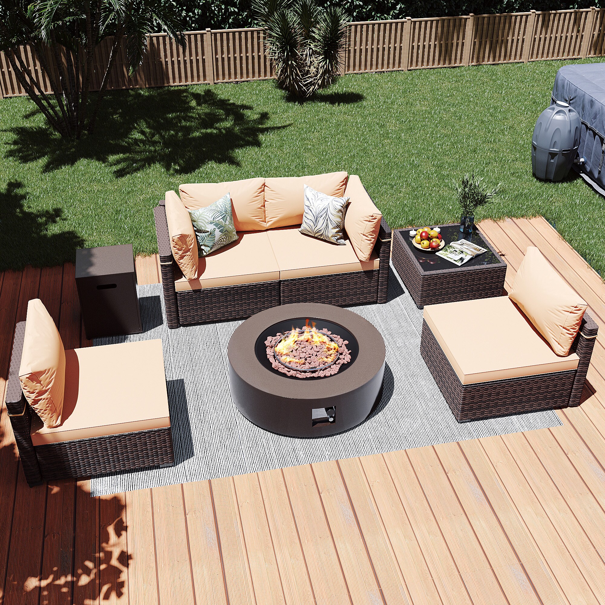 Patio Watcher LS-RT5-KD42BR-B1 6 -Piece Rattan Patio Conversation Set with Beige Cushions