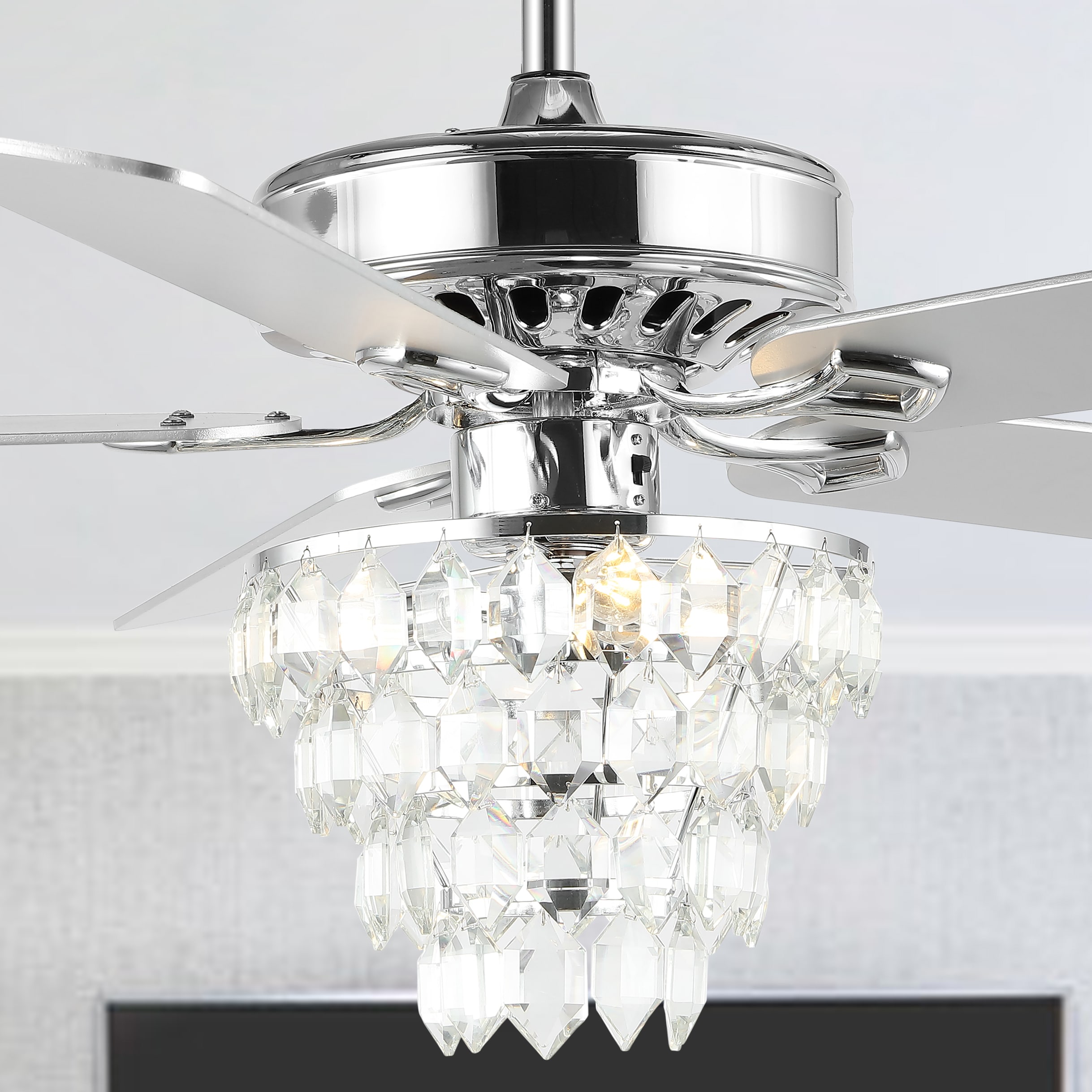 JONATHAN  Y JYL9616A Mindy Modern Crystal Shade 52-in Downrod or Flush Mount Chrome with Silver/White Maple Blades Ceiling Fan With Light - Remote Included ( 5 -Blade )