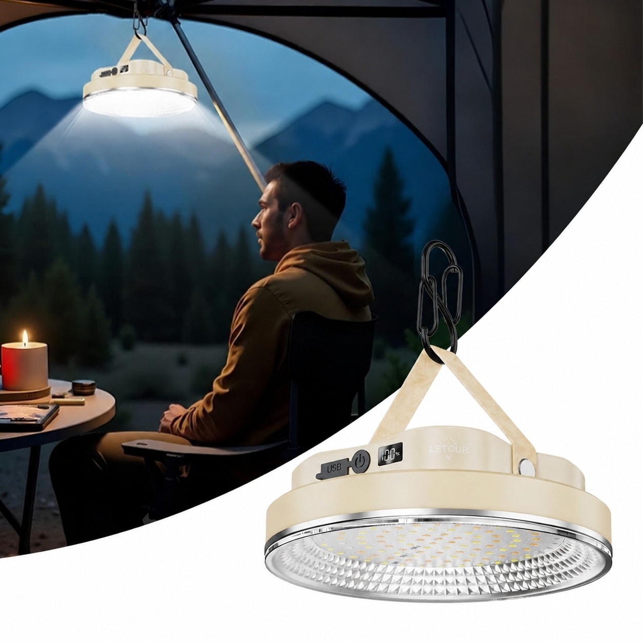 Justincity 5000LM Portable LED Camping Lantern 30W IPX4 Waterproof Emergency Light with Magnet Hook Adjustable 4 Modes Power Bank 1 Piece #LJT0502F55