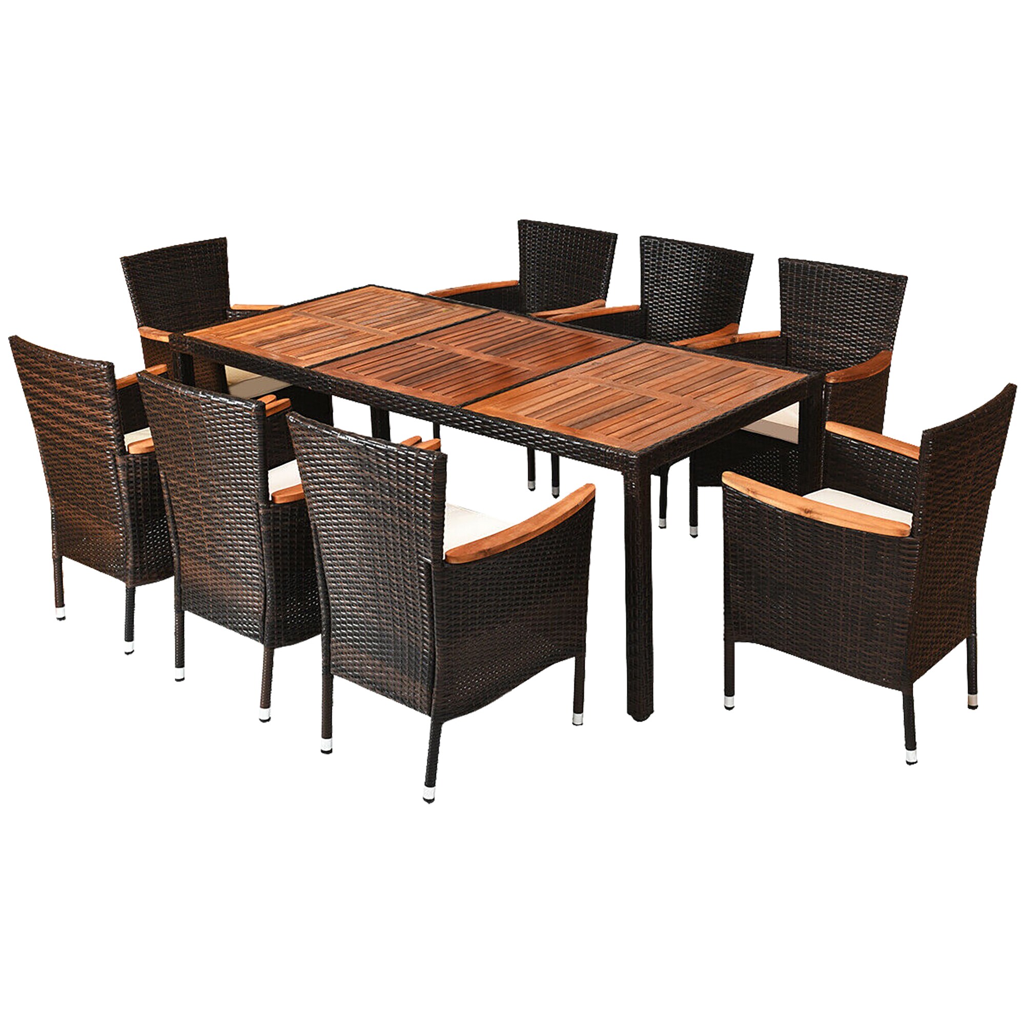 WELLFOR OUJ68660A+ 9 -Piece Brown Rattan Patio Dining Set Steel Rectangle Table with 8 Off-white Cushions Stackable Stationary Chairs