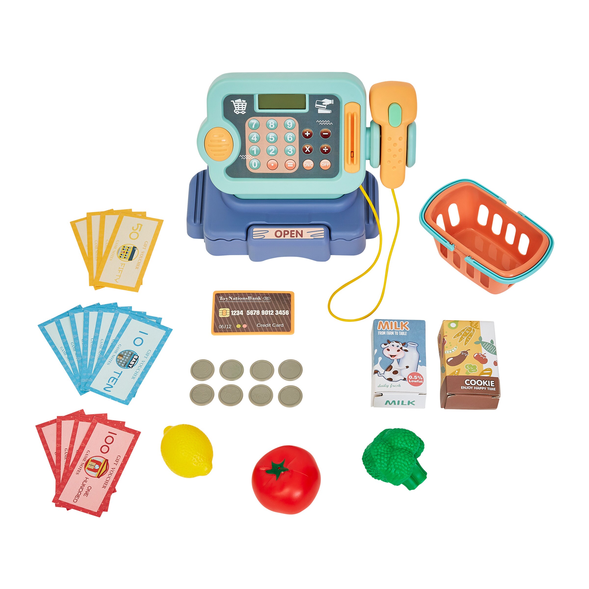 Toy Time 30 Piece Grocery Store Pretend Play Set With Toy Cash Register Play Food And Working 