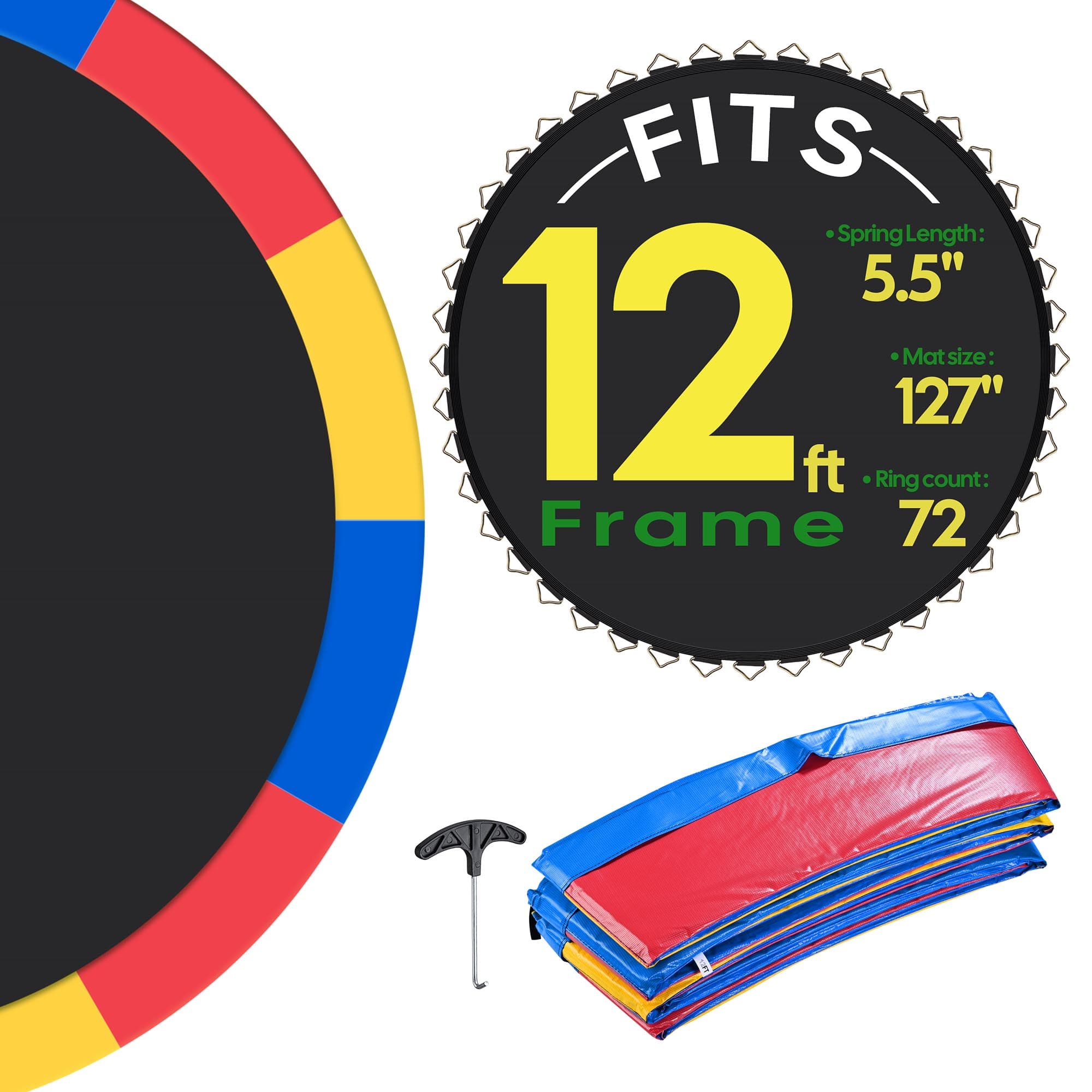 Yescom 09TMTTSP005-12-00-LO Trampoline Mat and Pad Replacement Kit with 72V Ring for 12ft Round Trampoline Frame