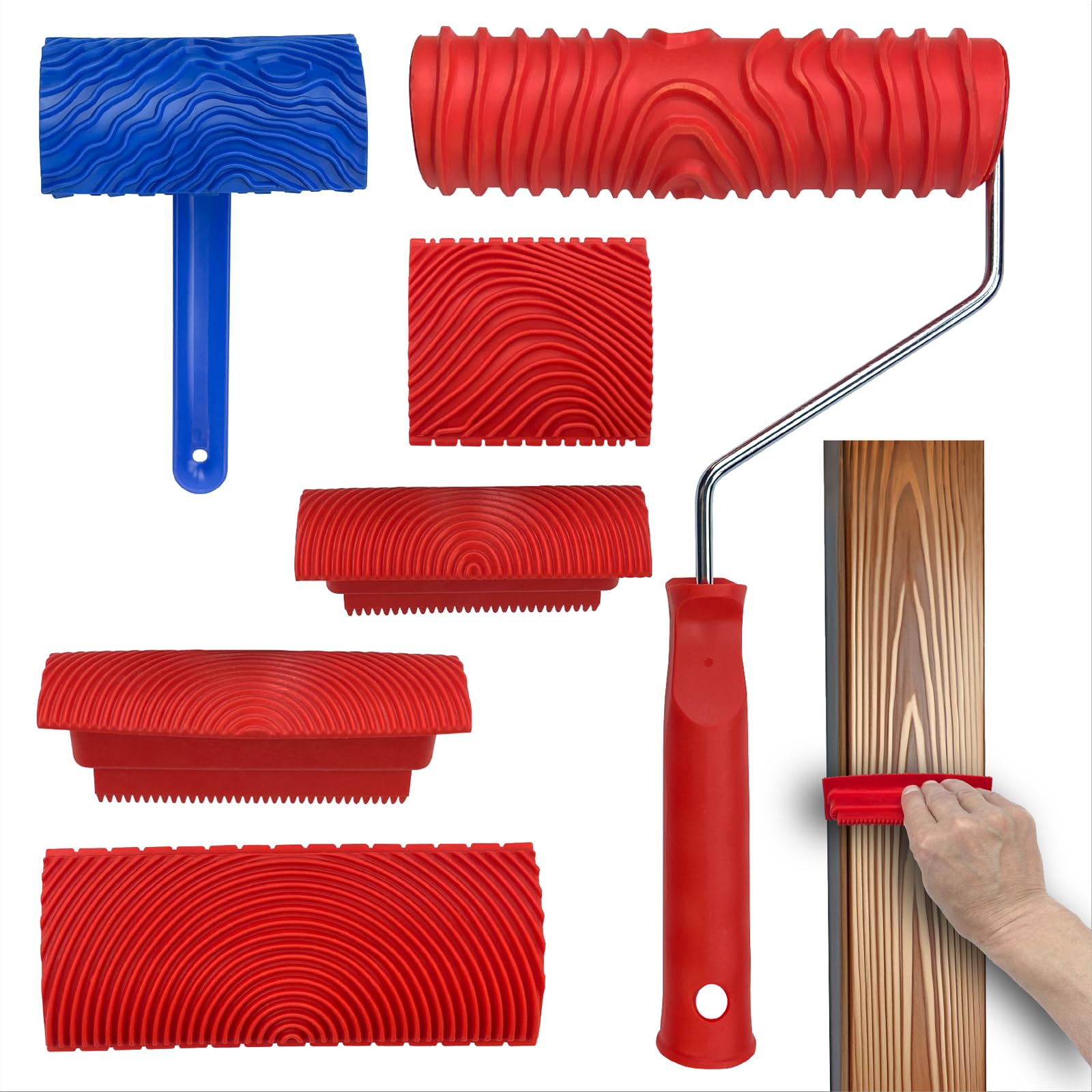 Oyezvary  6 pcs Wood Grain Tool Set for Painting Realistic Wood Texture on Walls Furniture Floors and Doors Durable Rubber Rollers Washable