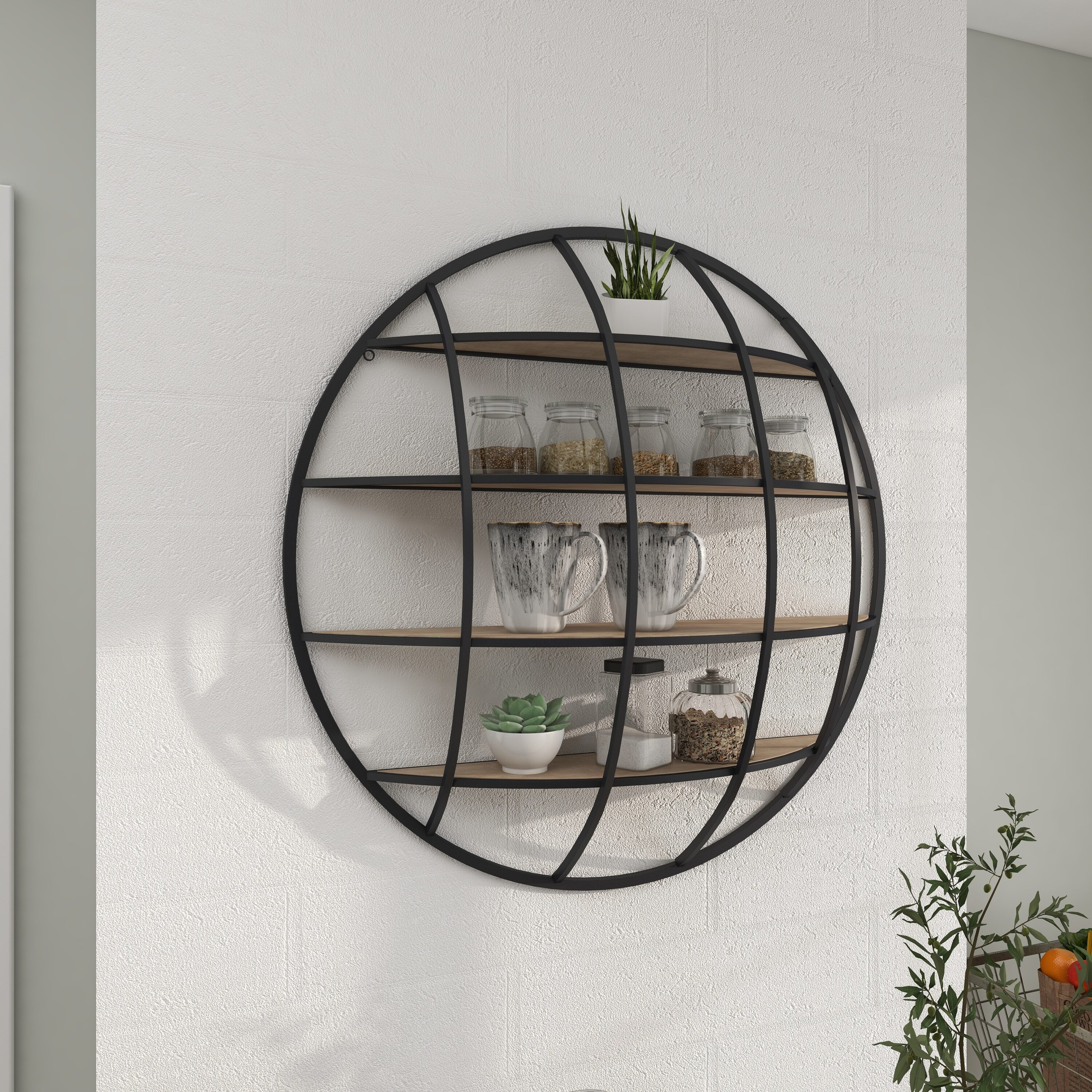 Rustic Iron and Wood 36" Geometric Round Floating Wall Shelf