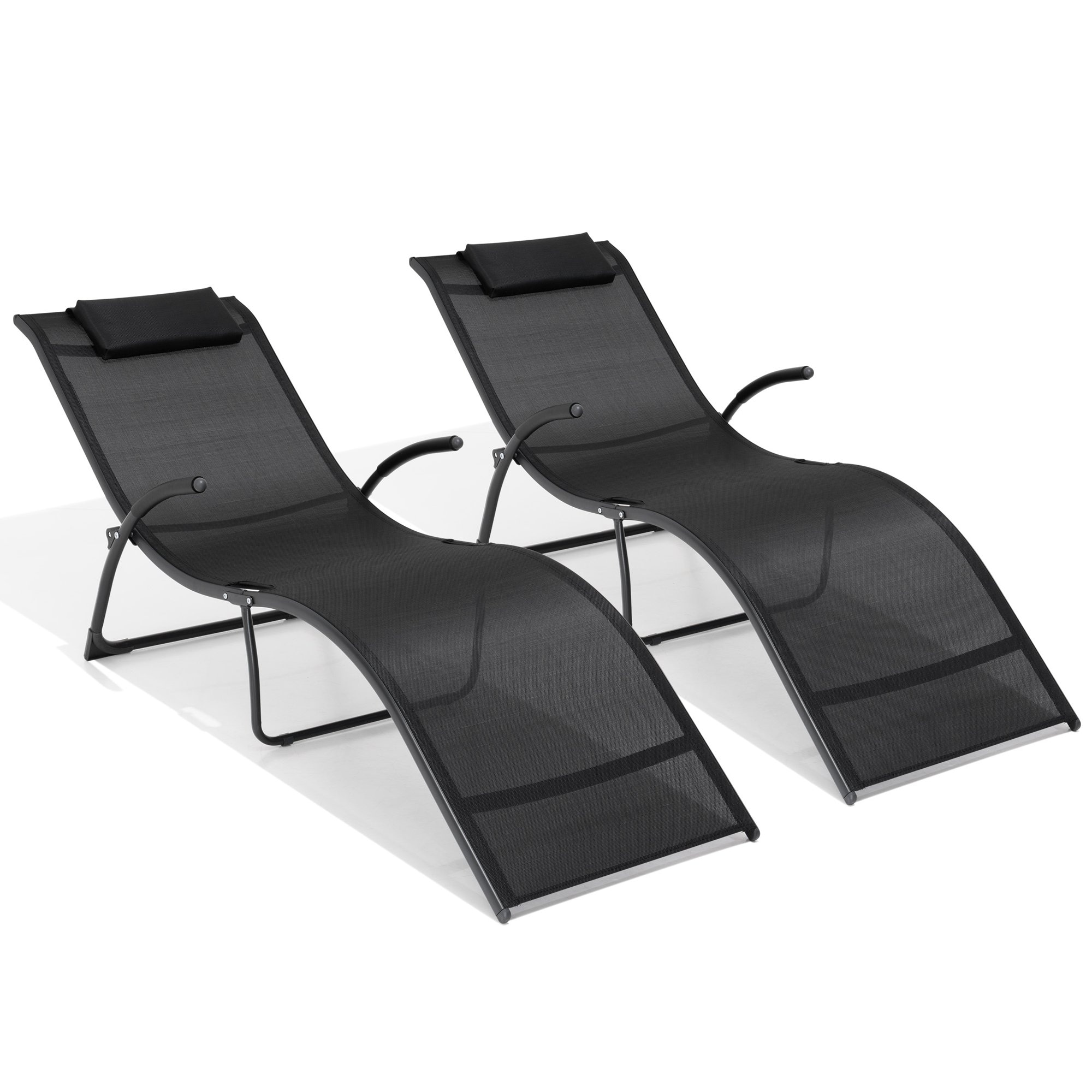 Crestlive Products CL-LG005BLK Patio Chaise Lounge Chair (Black) Set of 2 Brown Metal Frame Stationary Chaise Lounge Chair with Black Mesh Seat