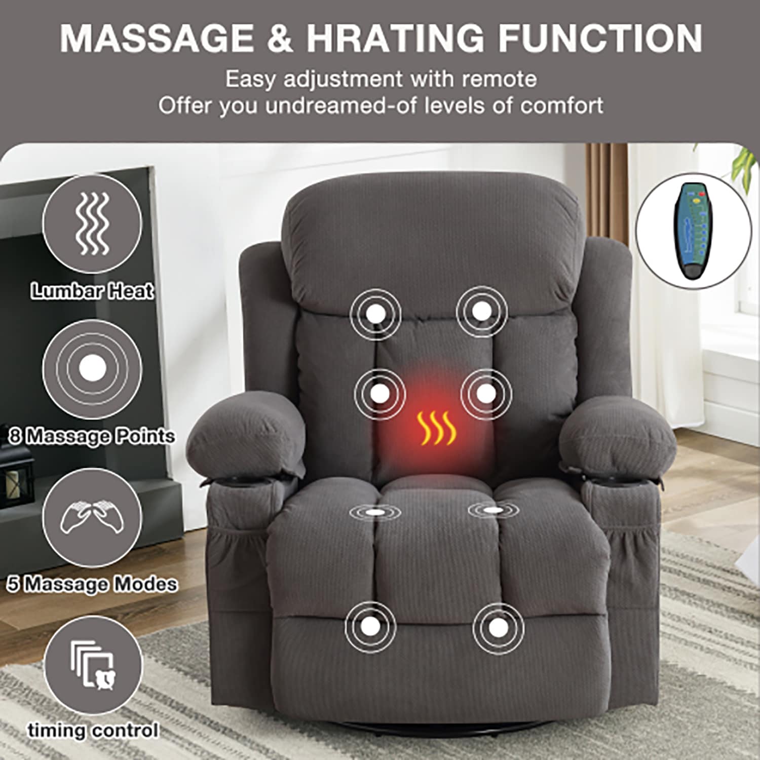 Sumyeg Recliner chair Gray Velvet Upholstered Swivel Massage Chair in ...