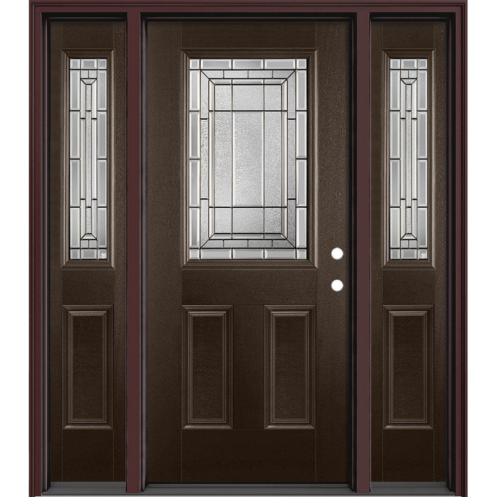Masonite 631450 Sequence 64-in x 80-in x 4-9/16-in Fiberglass Half lite Left-hand inswing Walnut Painted Prehung Slab Front Door with Sidelights with Brickmould Insulating core