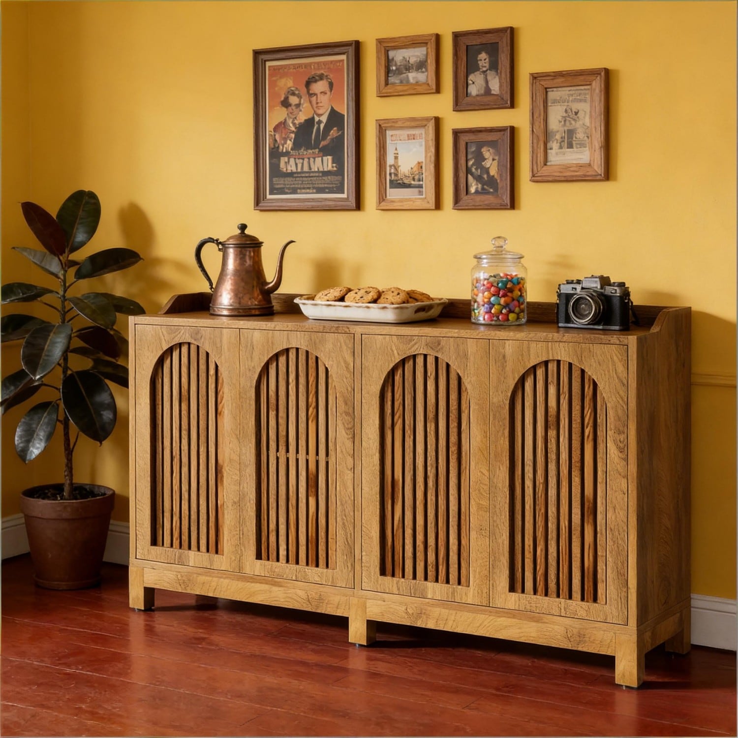 GlasFlength  57-Inch Sideboard Buffet Storage Cabinet with Shutter Door Design Adjustable Shelf and Solid Wood Leg Support for Dining Room Kitchen Oak