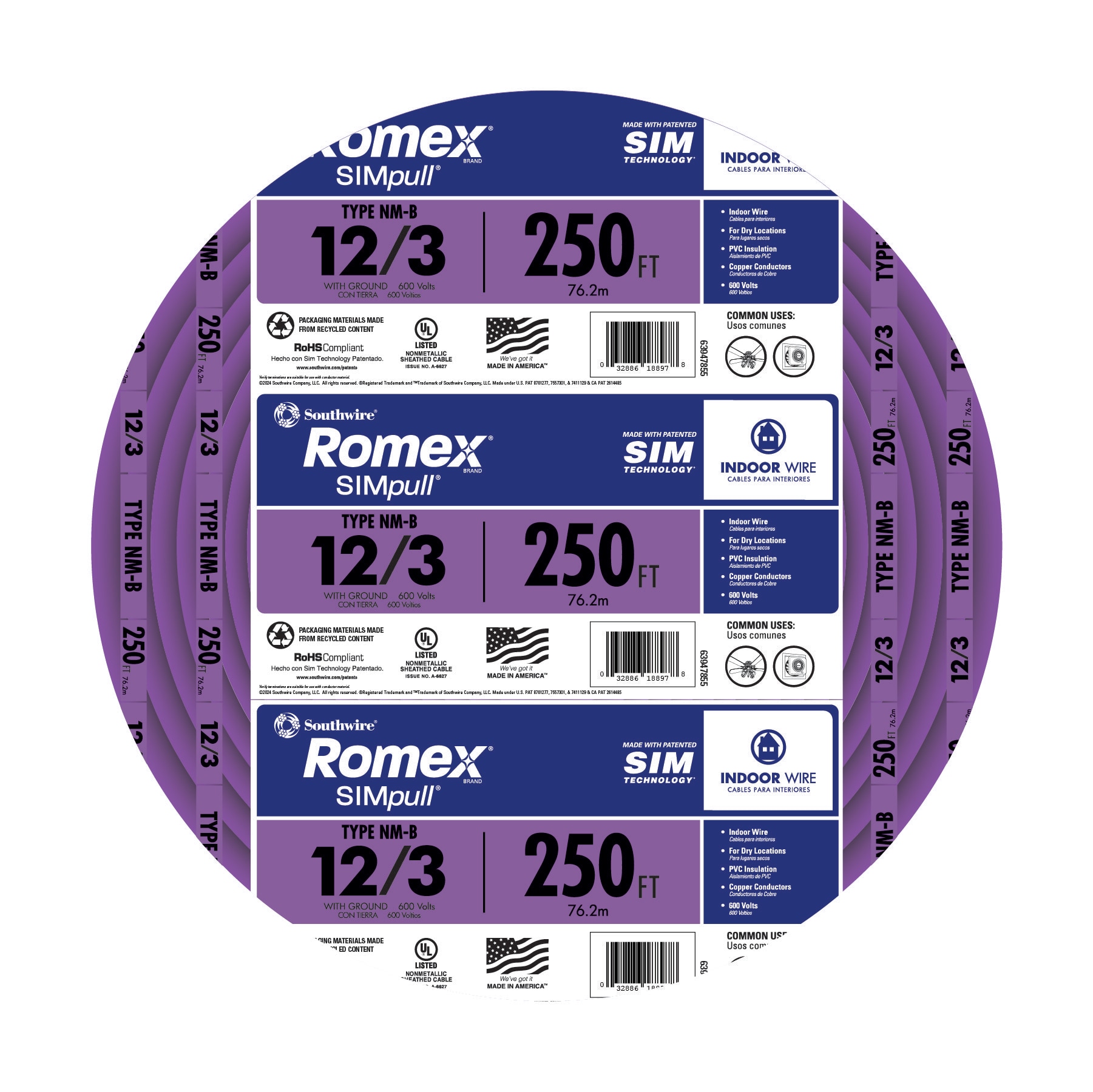 Southwire 63947855 250-ft 12 / 3 / Romex SIMpull Solid Indoor CU NM-B W/G Individual pack ( By-the-roll )