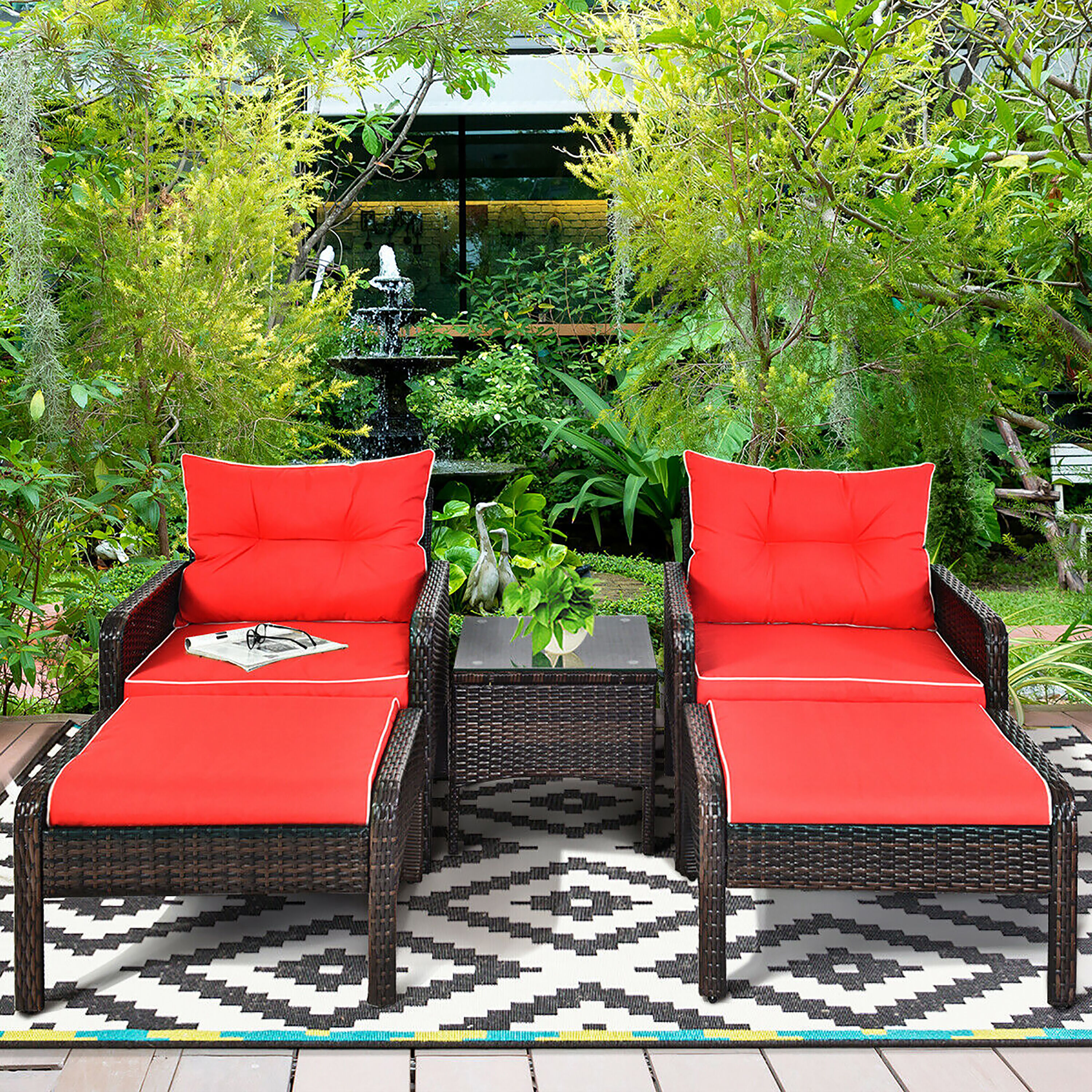 Red Cushioned 2 Person Brown Rattan Conversation Set with Glass Top Table