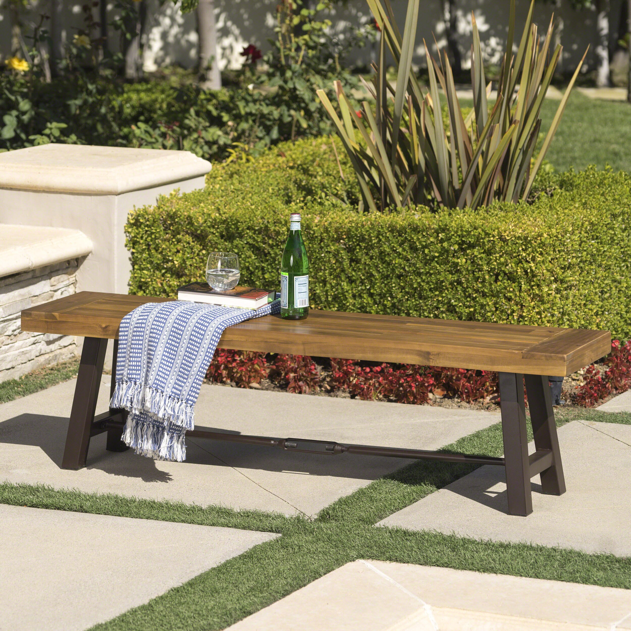Christopher Knight Home Catriona Outdoor Acacia Wood Bench With Metal Accents
