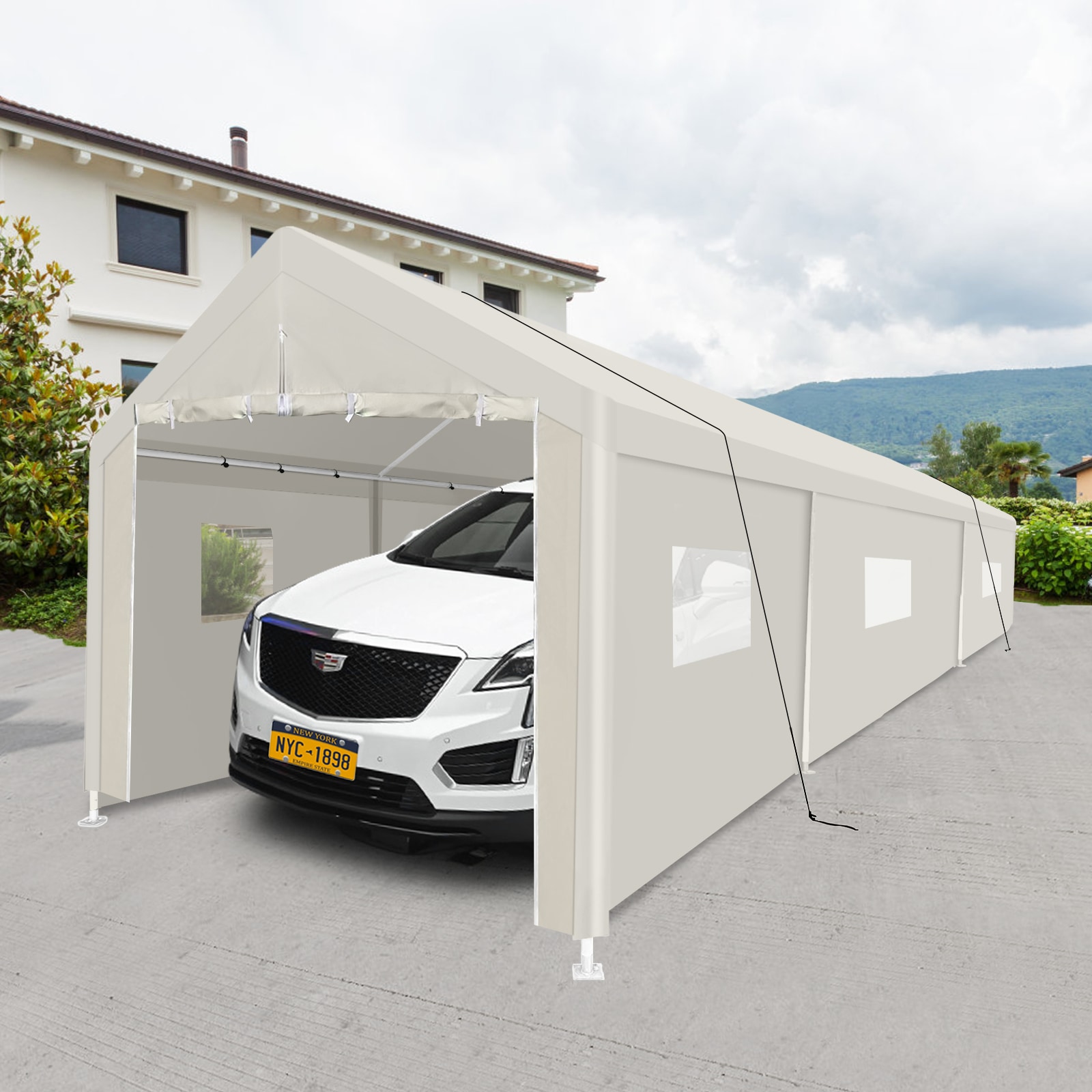GDFStudio 346117 Outdoor Heavy Duty Portable 10x30FT Carport Tent Shelter for Storage Garage with Window-White