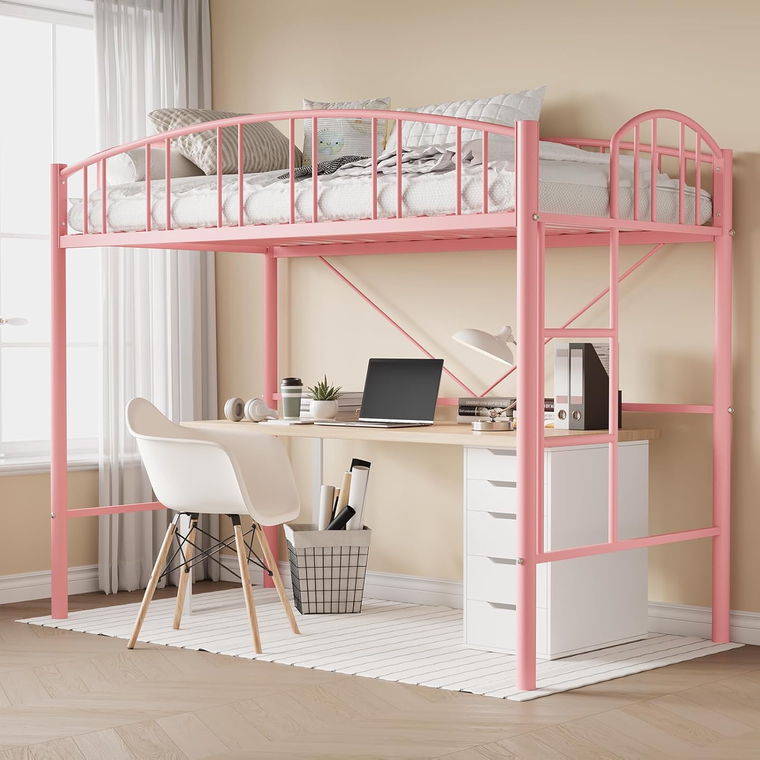 Qeetex LHF-BED-PHO-16Q574TV Loft Bed Twin Size Heavy Duty Metal Loft Bed Frame with Arched Guardrail and Safety Ladder Space-Saving No Box Spring Needed Matte Pink
