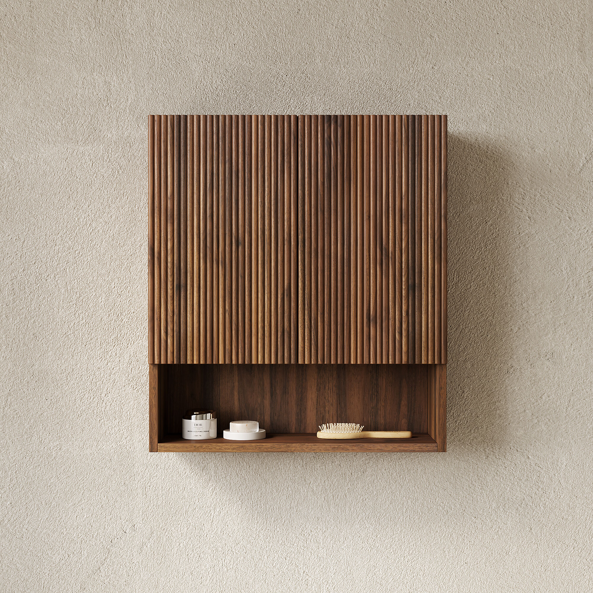 GDFStudio Tobi Modern 26 in Wall-Mounted Striped Over The Toilet Bathroom Cabinet with Open Shelf Storage Compartment - Dark Walnut Woodgrain